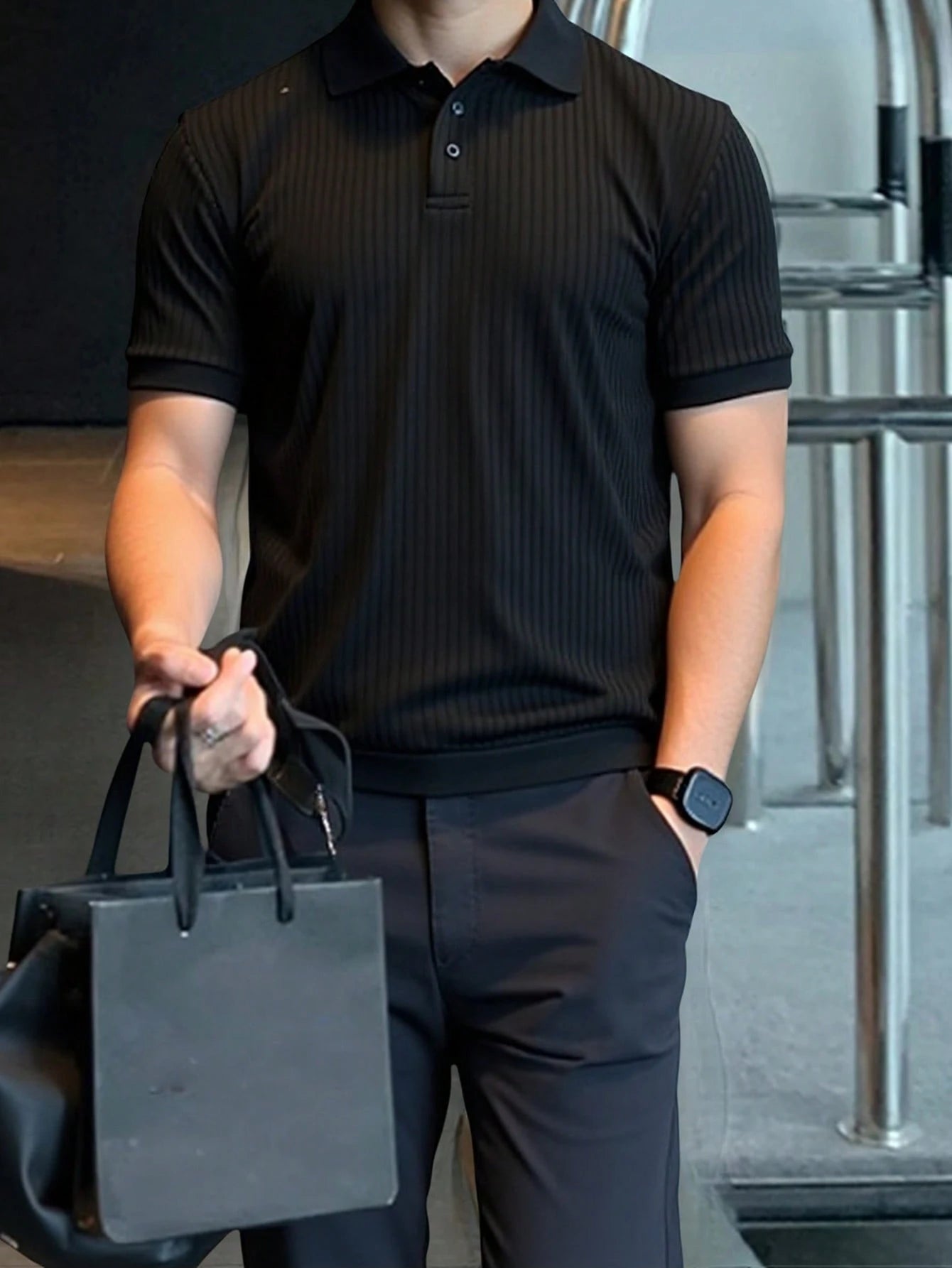 Manfinity Homme Men Ribbed Knit Quarter Button Office Plain Casual Polo Shirt, for Husband