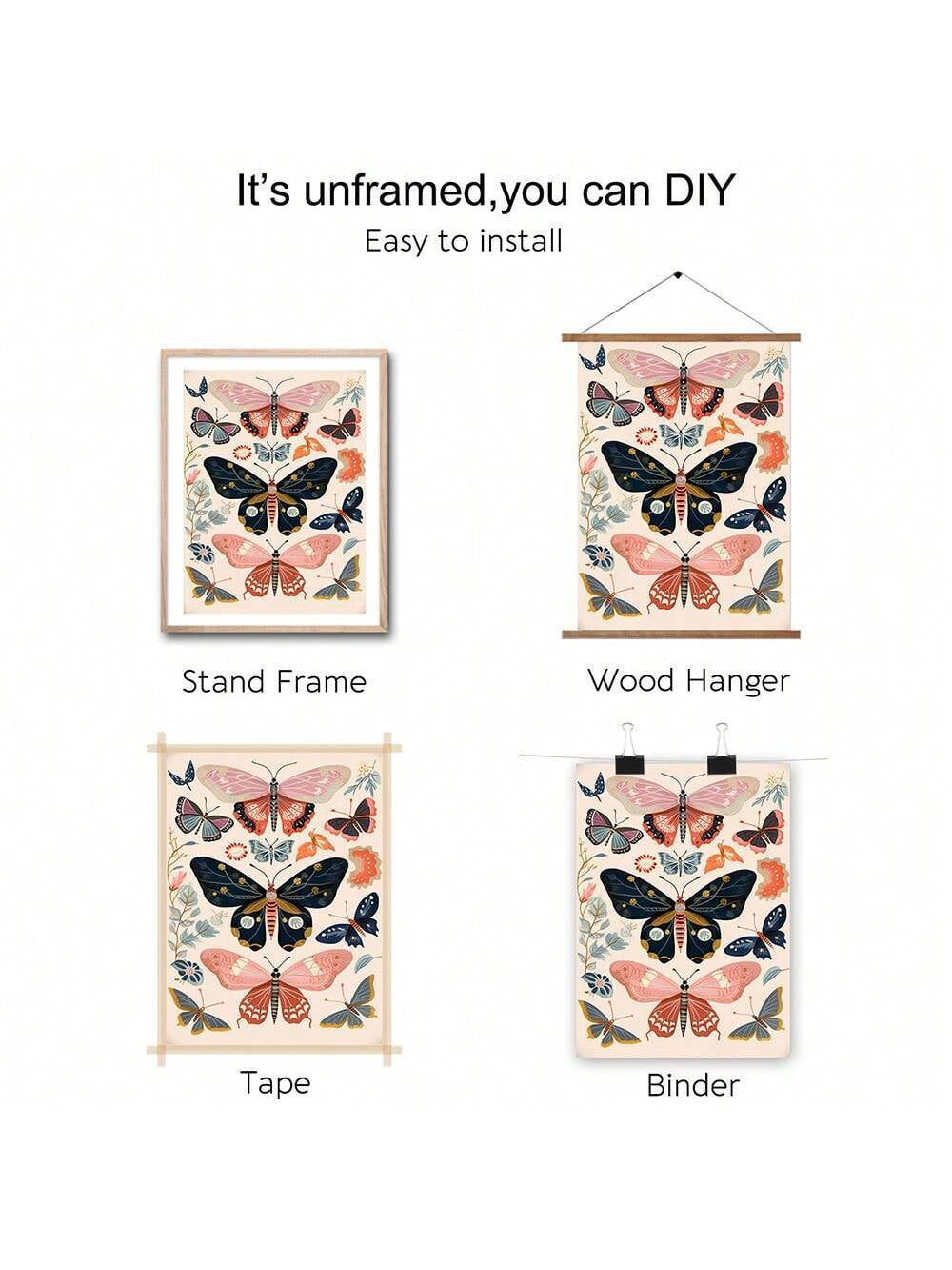 1Pc Boho Butterfly Floral Butterfly Poster Print Retro Aesthetic Art Canvas Painting Wall Picture Modern Home Decoration,Unframed