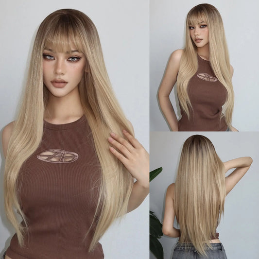 Blonde Wigs for Women Human Hair with Bangs, 26In Lace Front Wigs Human Hair Long Straight Bob Wig