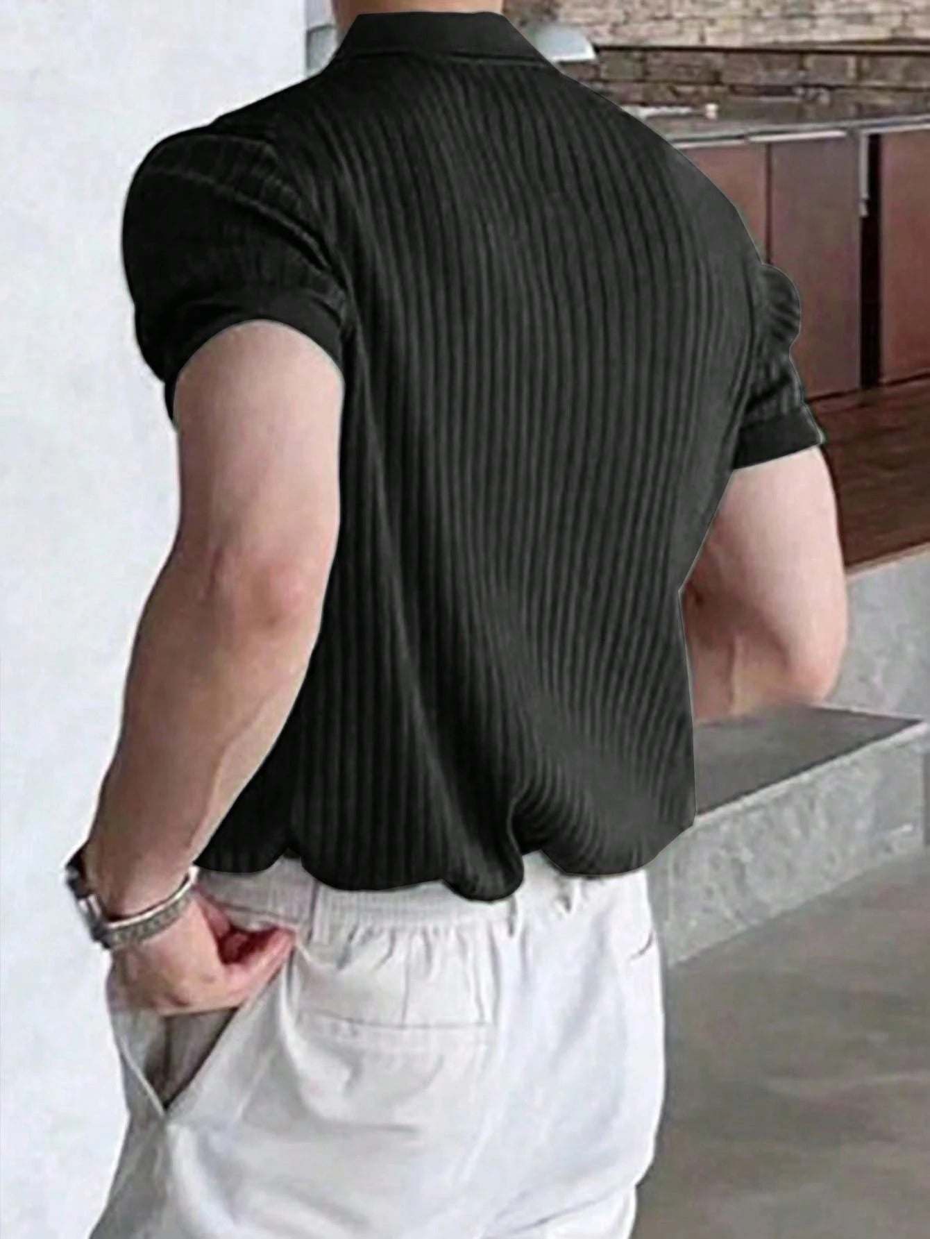 Manfinity Homme Men Ribbed Knit Quarter Button Office Plain Casual Polo Shirt, for Husband