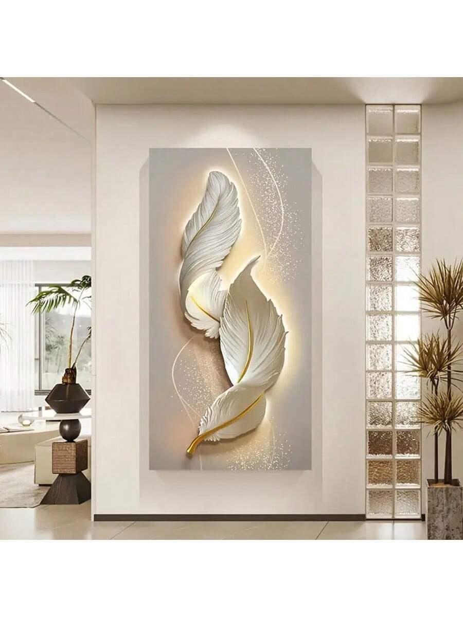 1Pc Modern Minimalist Abstract Feather Canvas Art Print, Beige Neon Line Wall Poster Decor, Frameless Home Gift
