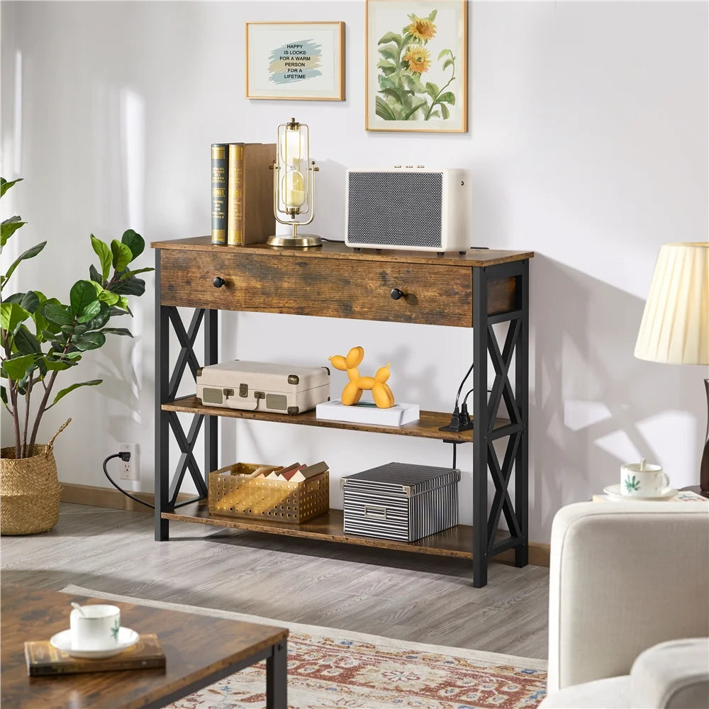 Vintage Wooden Console Table with Power Outlet for Home Living Room, Rustic Brown