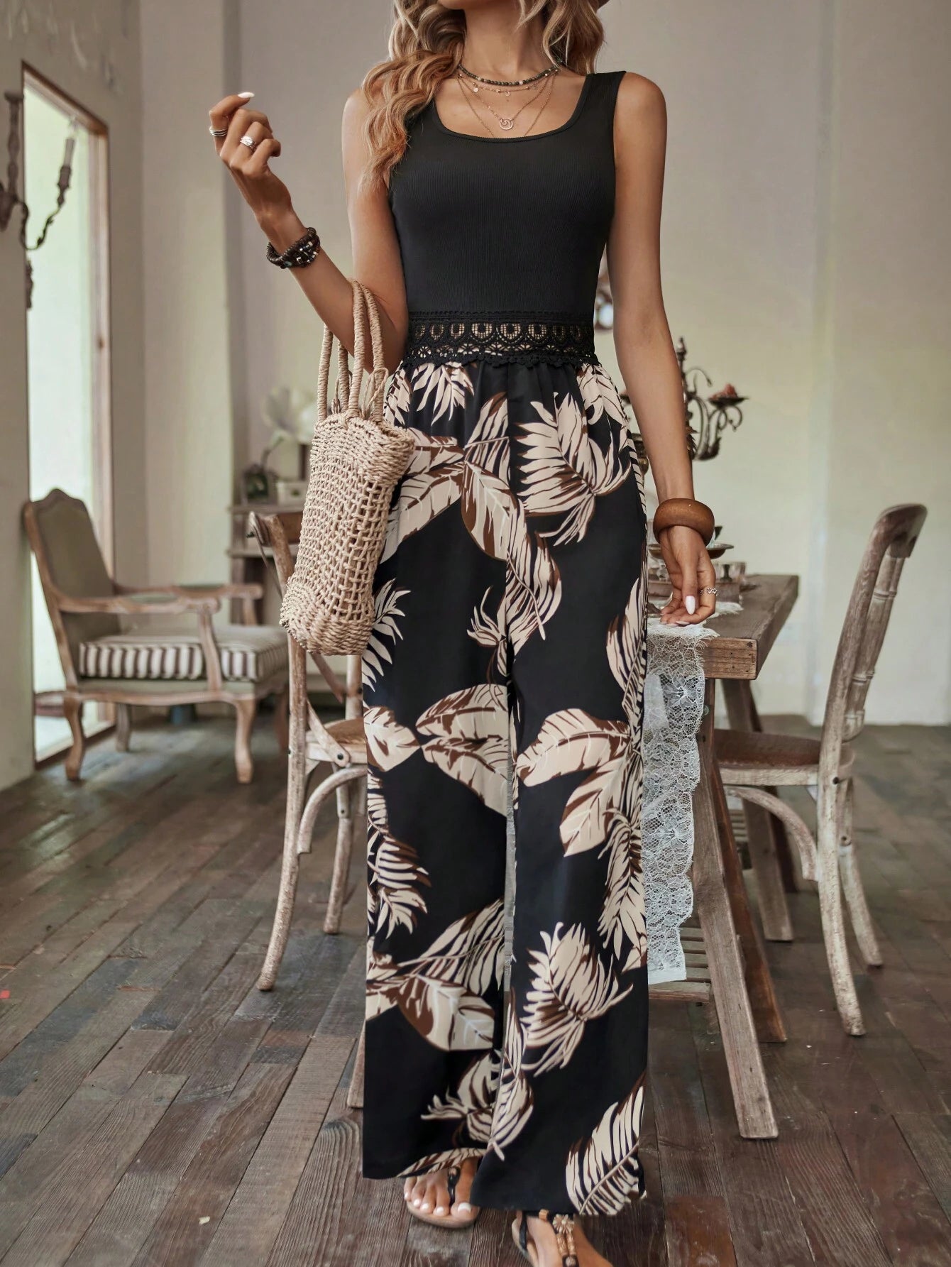 Breezaya Tropical Print Guipure Lace Insert Jumpsuit