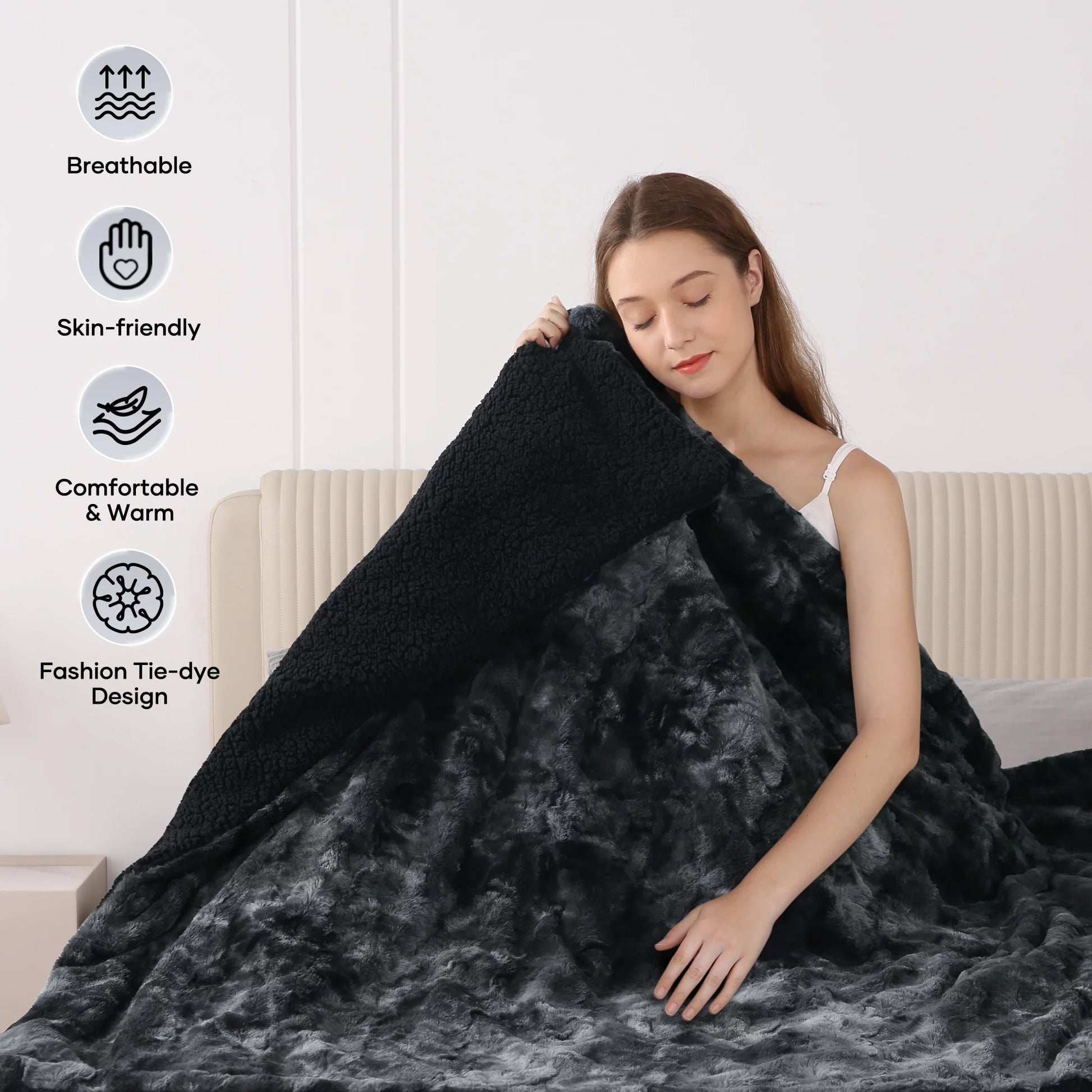 Electric Throw Blanket 50" X 60", Soft Faux Fur Heated Blanket with Large LED Display, 6 Heating Levels, 4 Hours Timer, Tie-Dye Black