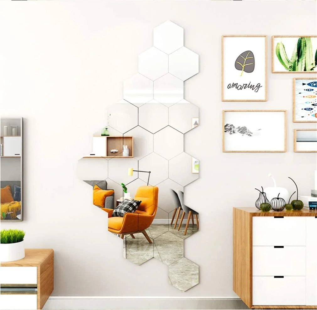 12 Pieces Removable Acrylic Hexagon Mirror Wall Stickers Decals for Home Living Room Bedroom Decor Art DIY Home Decoration
