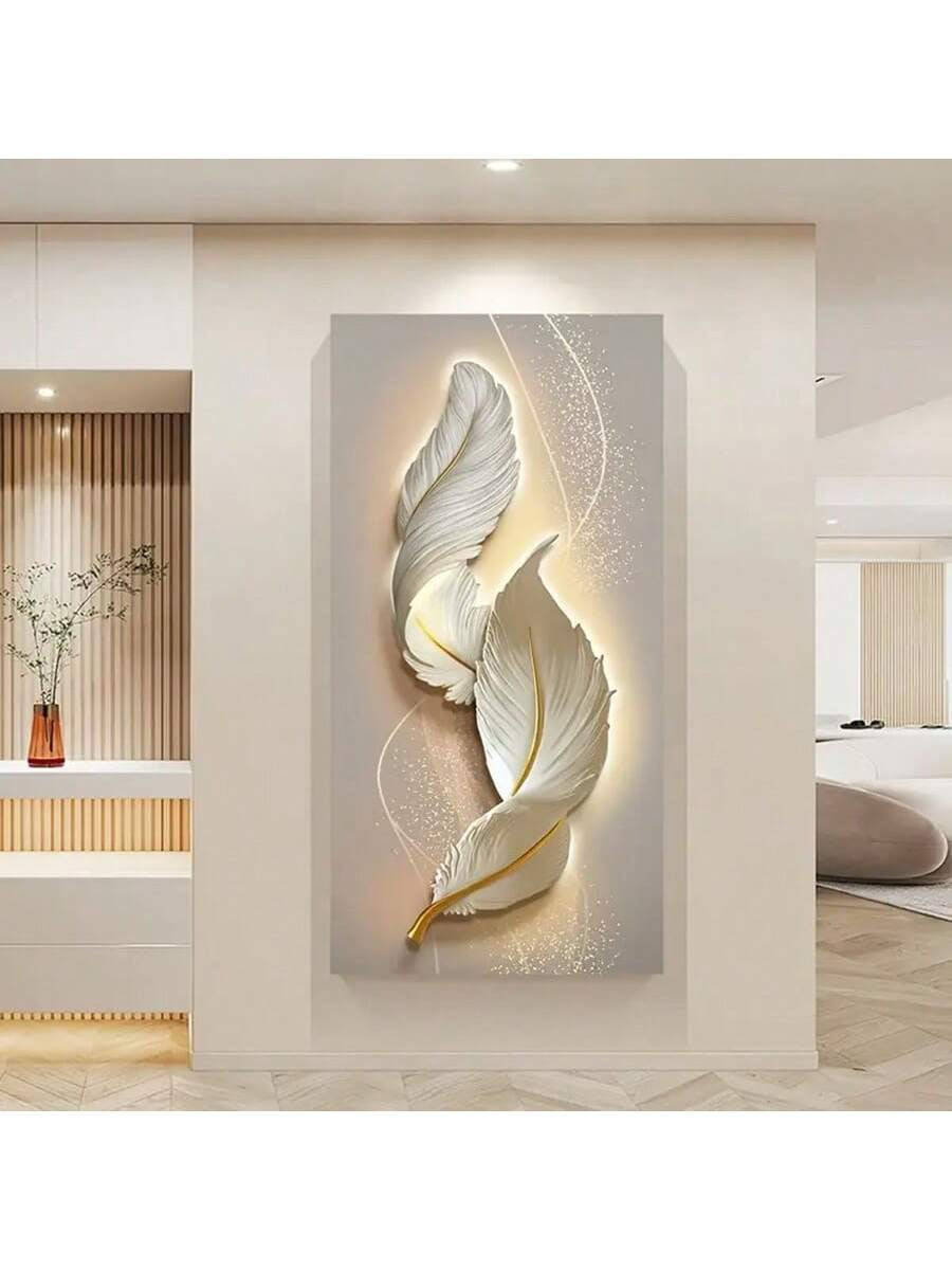 1Pc Modern Minimalist Abstract Feather Canvas Art Print, Beige Neon Line Wall Poster Decor, Frameless Home Gift