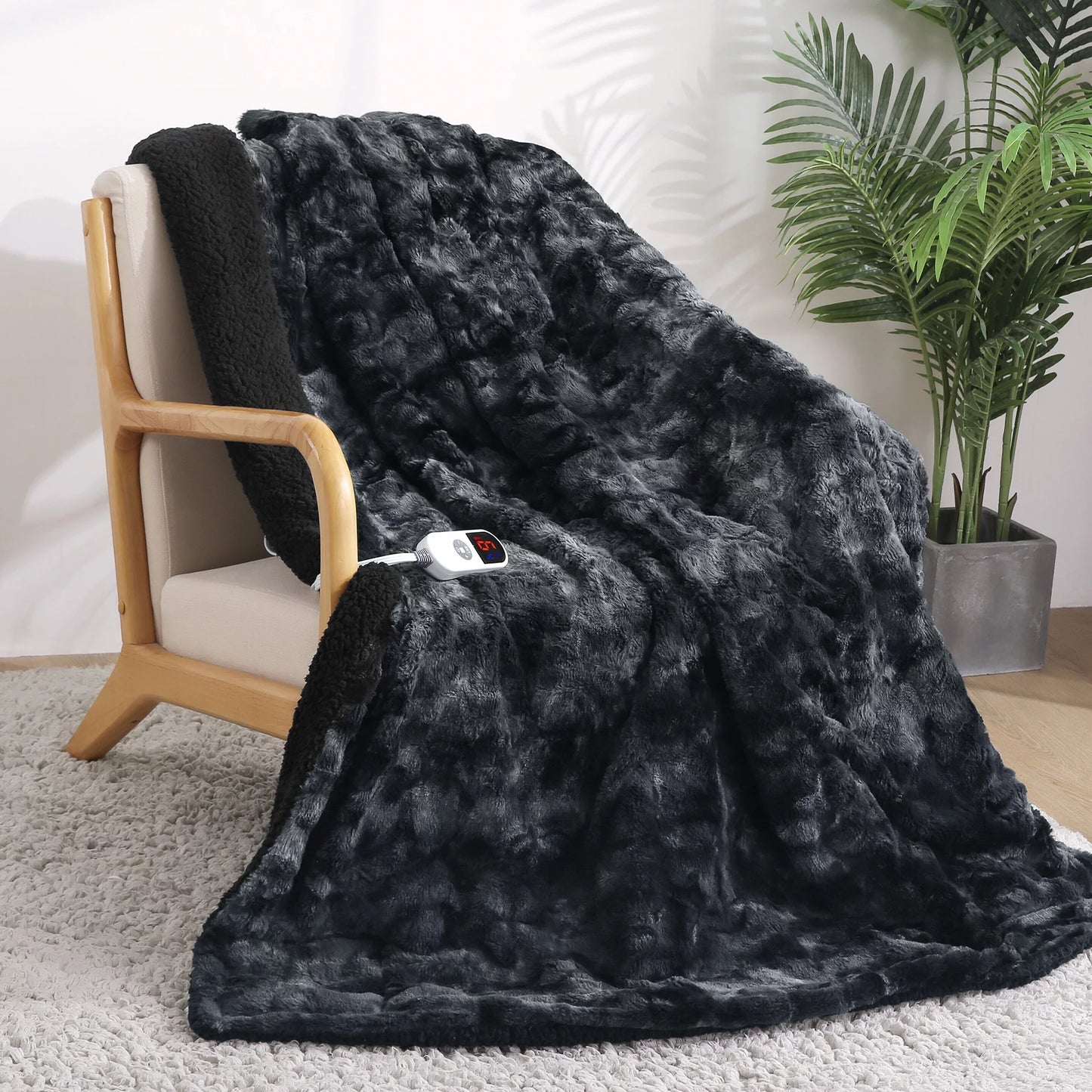 Electric Throw Blanket 50" X 60", Soft Faux Fur Heated Blanket with Large LED Display, 6 Heating Levels, 4 Hours Timer, Tie-Dye Black