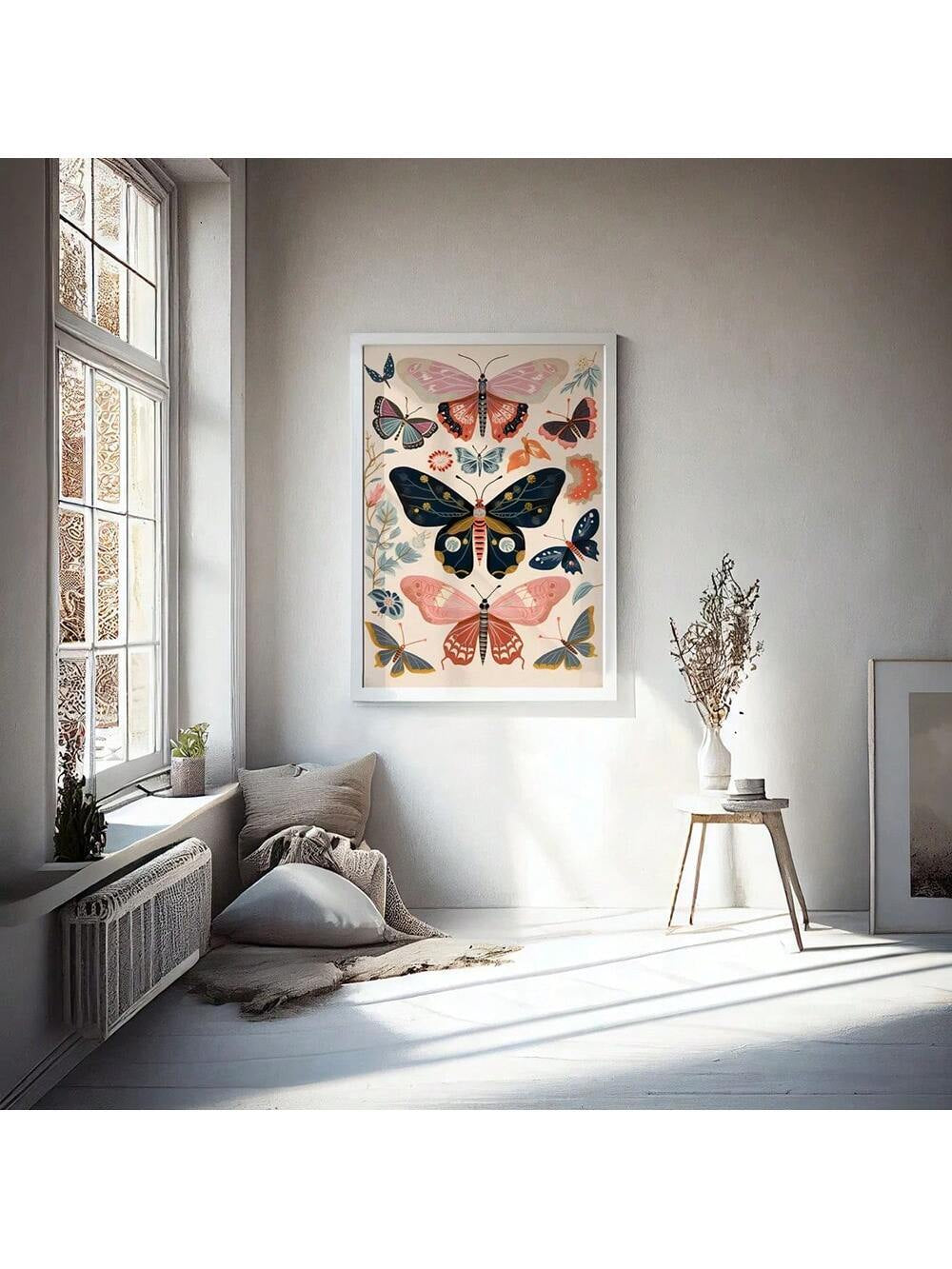 1Pc Boho Butterfly Floral Butterfly Poster Print Retro Aesthetic Art Canvas Painting Wall Picture Modern Home Decoration,Unframed