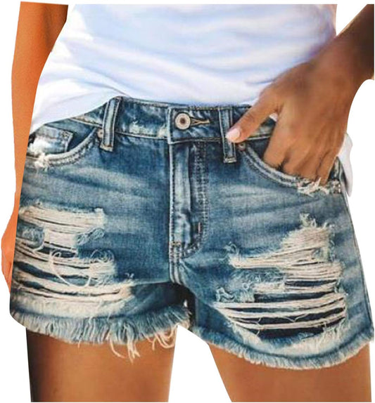 WUAI Denim Shorts for Women Distressed Casual Cut off Ripped Jean Shorts Stretchy Frayed Raw Hem Hot Short Jeans