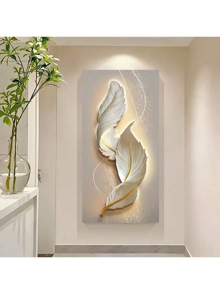1Pc Modern Minimalist Abstract Feather Canvas Art Print, Beige Neon Line Wall Poster Decor, Frameless Home Gift