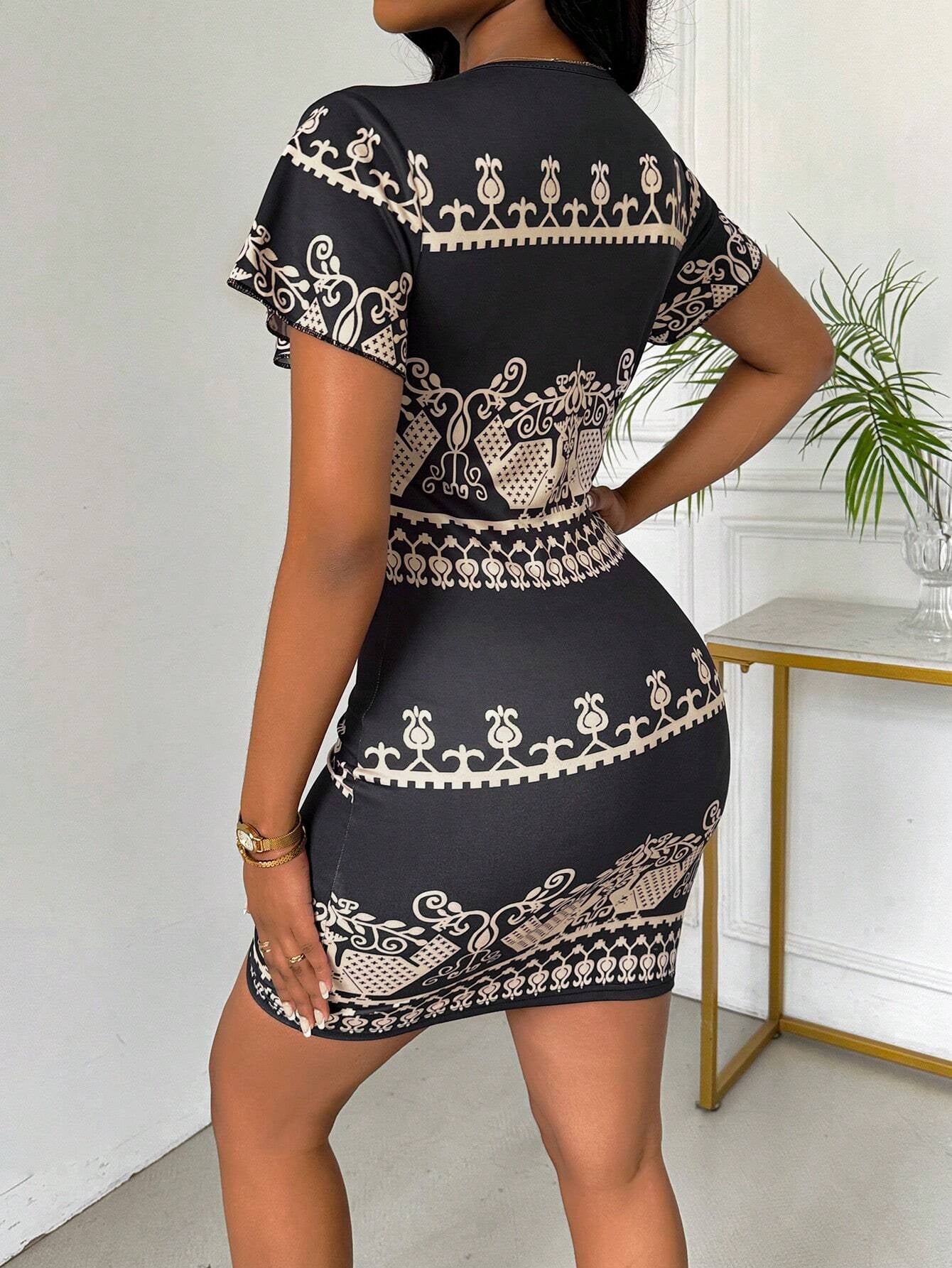 SHEIN Clasi Women'S Fashionable Print Short Sleeve V-Neck Dress