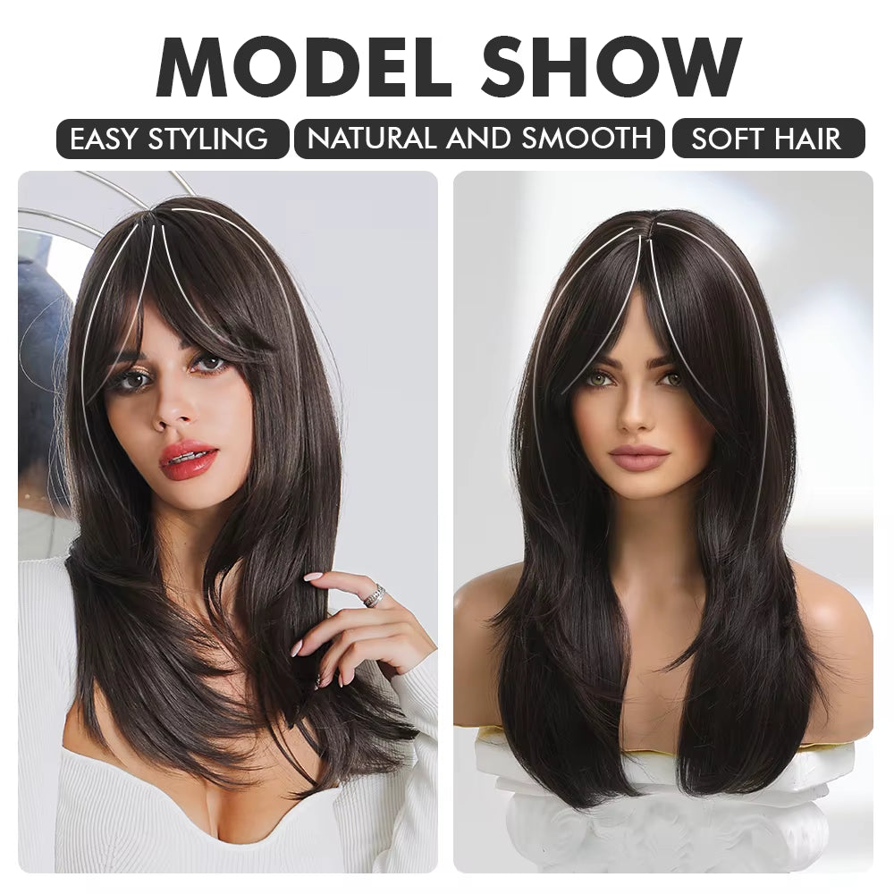 New Synthetic Long Straight Wigs Black Brown Wigs with Side Bangs Heat Resistant Lady Wigs for African American Women Hair