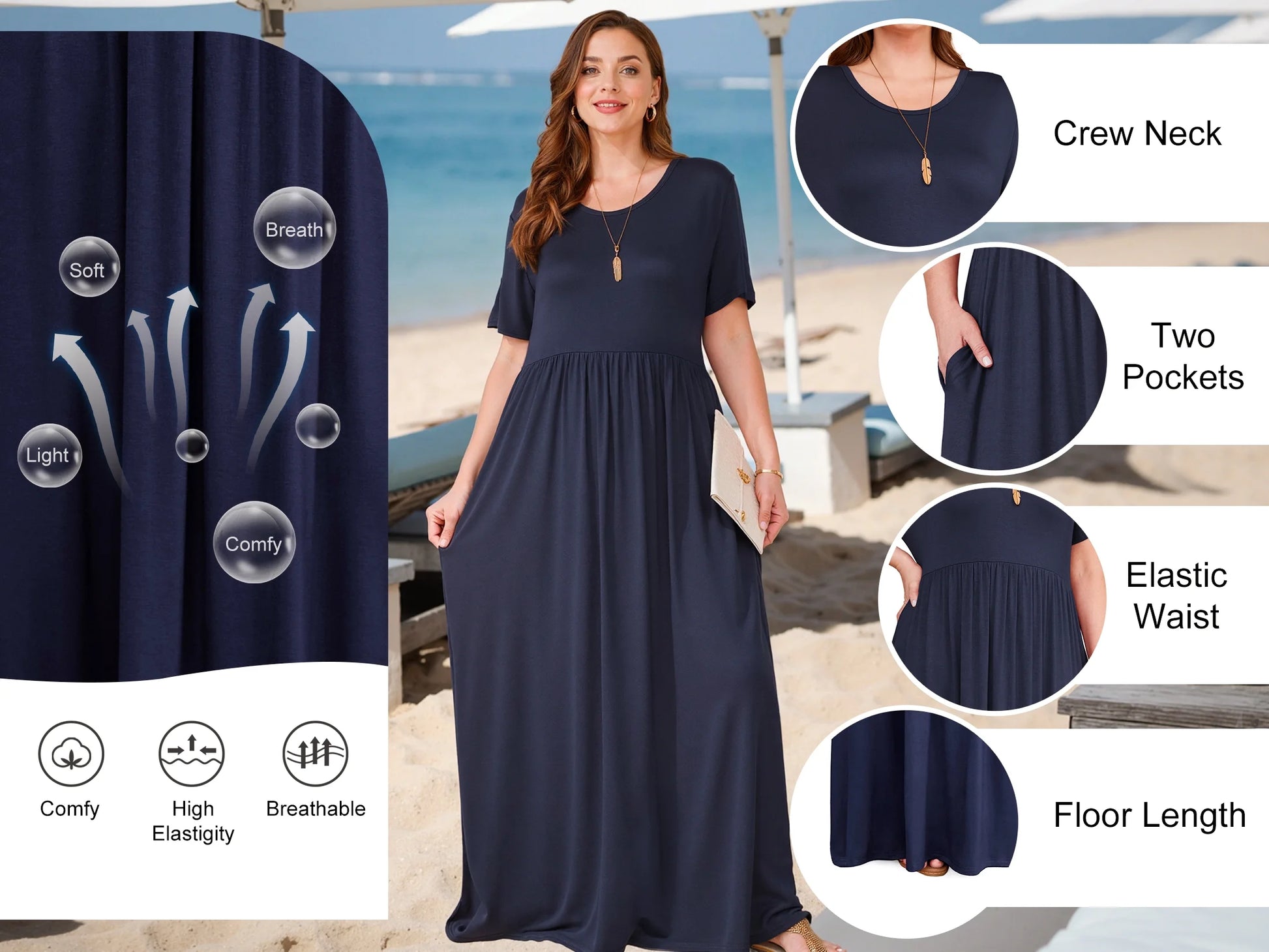 Women'S Short Sleeve Loose Plain Maxi Dresses Casual Long Dresses with Pockets,Us Size,Dark Purple,Xl