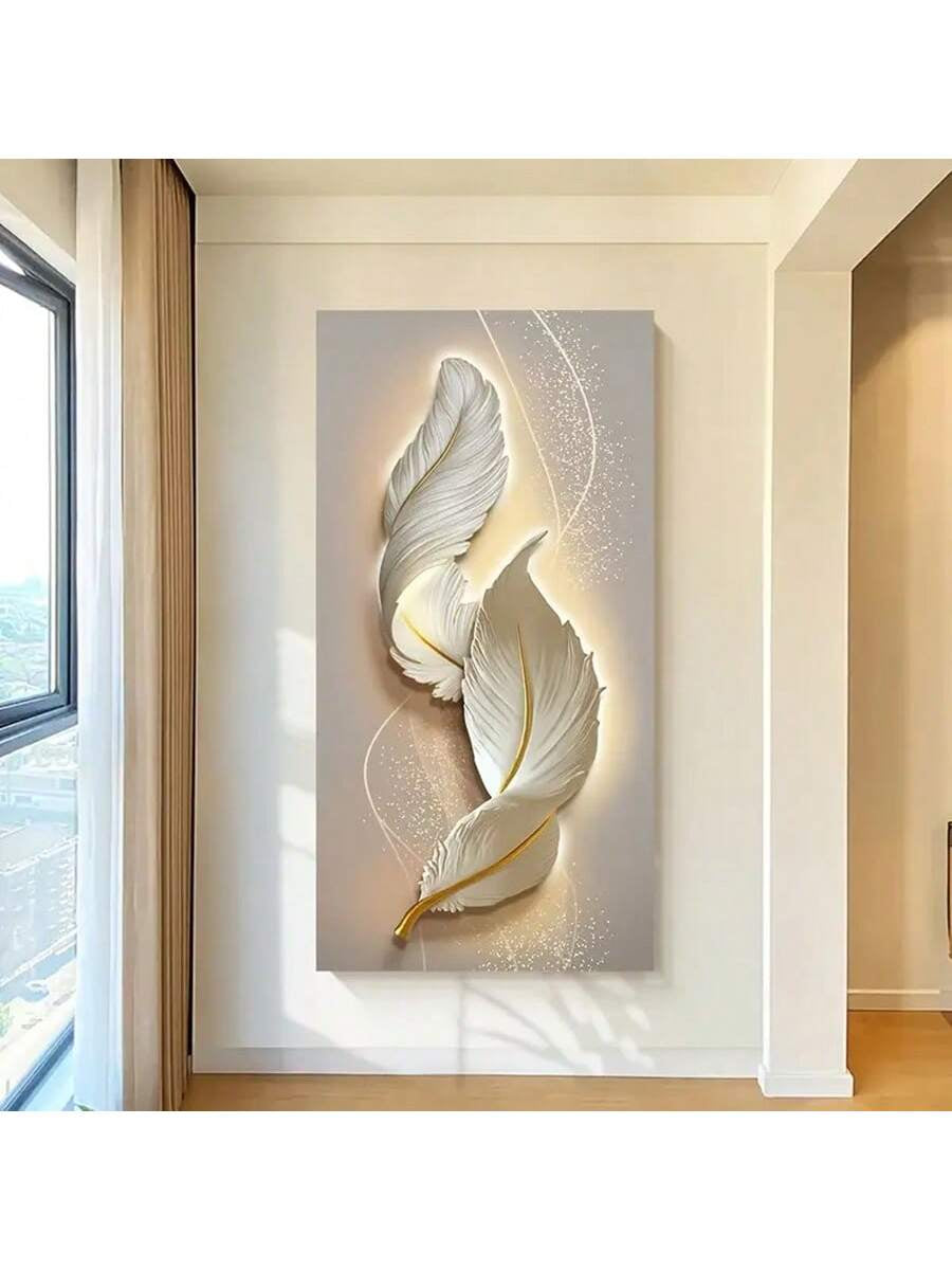 1Pc Modern Minimalist Abstract Feather Canvas Art Print, Beige Neon Line Wall Poster Decor, Frameless Home Gift