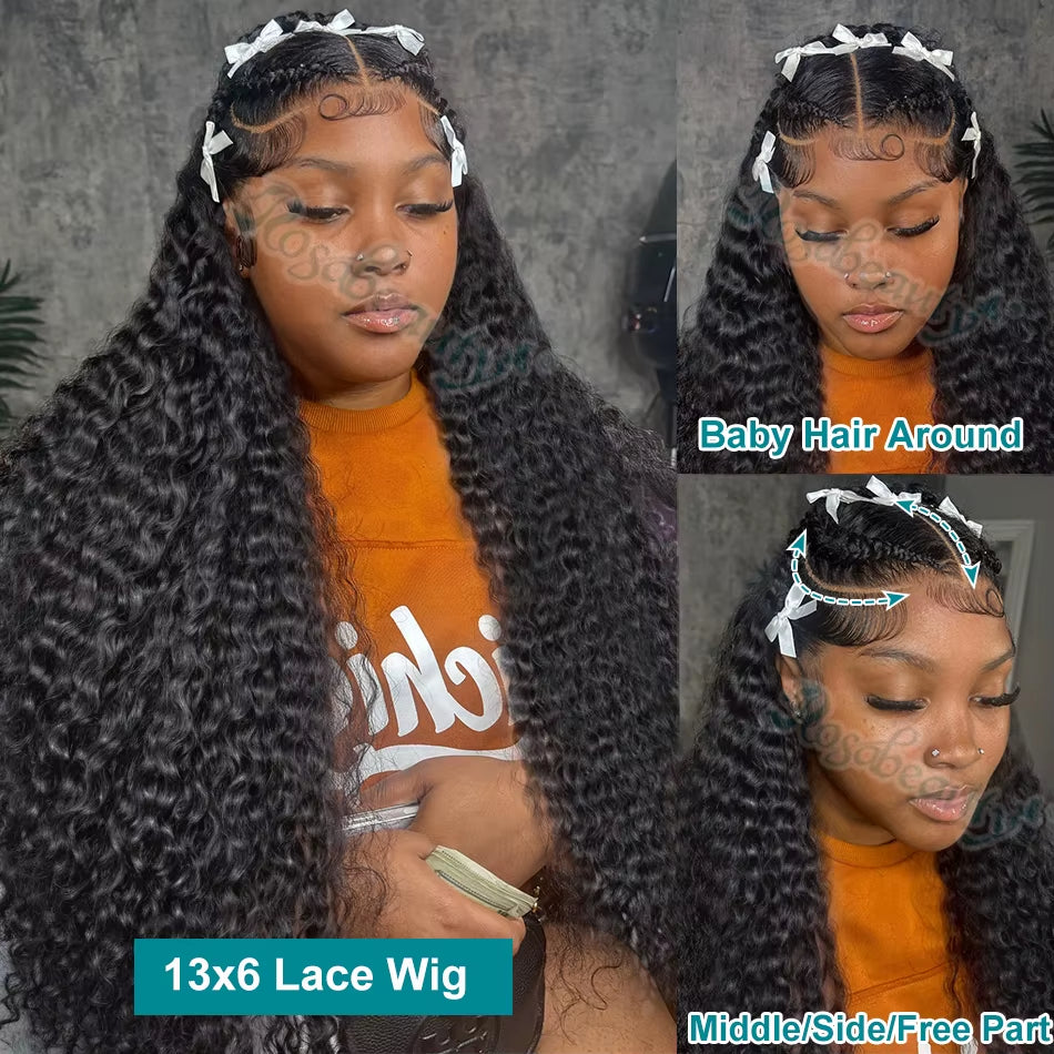 200 Density HD 13X6 Transparent Deep Water Wave Curly Lace Frontal Wigs 30 40 Inch 13X4 Lace Front Human Hair Wig