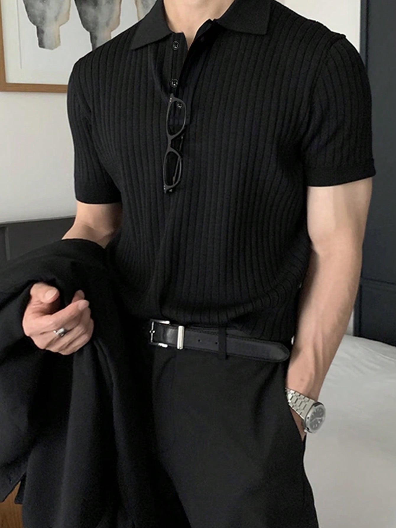 Manfinity Homme Men Ribbed Knit Quarter Button Office Plain Casual Polo Shirt, for Husband