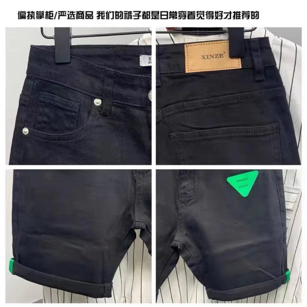 New Arrival Korean Style Clothes Cowboy Luxury Men'S Slim Denim Jeans for Summer Fashion 2023 Black Leather Patch Jeans Shorts