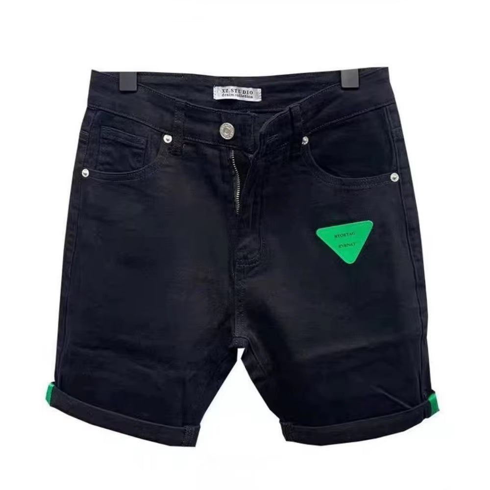 New Arrival Korean Style Clothes Cowboy Luxury Men'S Slim Denim Jeans for Summer Fashion 2023 Black Leather Patch Jeans Shorts