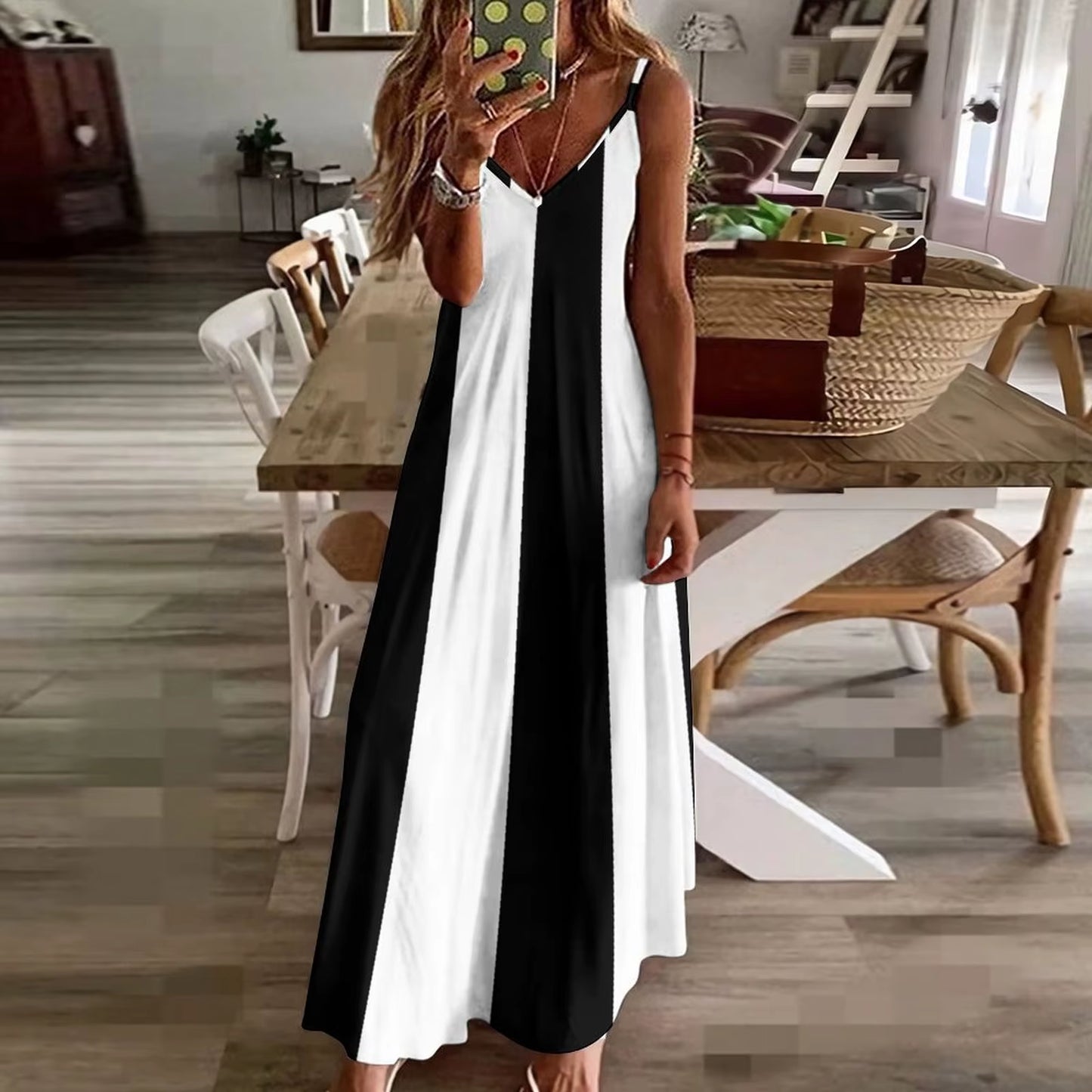 Retro Black and White Stripes Pattern Sleeveless Dress Loose Women'S Dress Woman Clothes