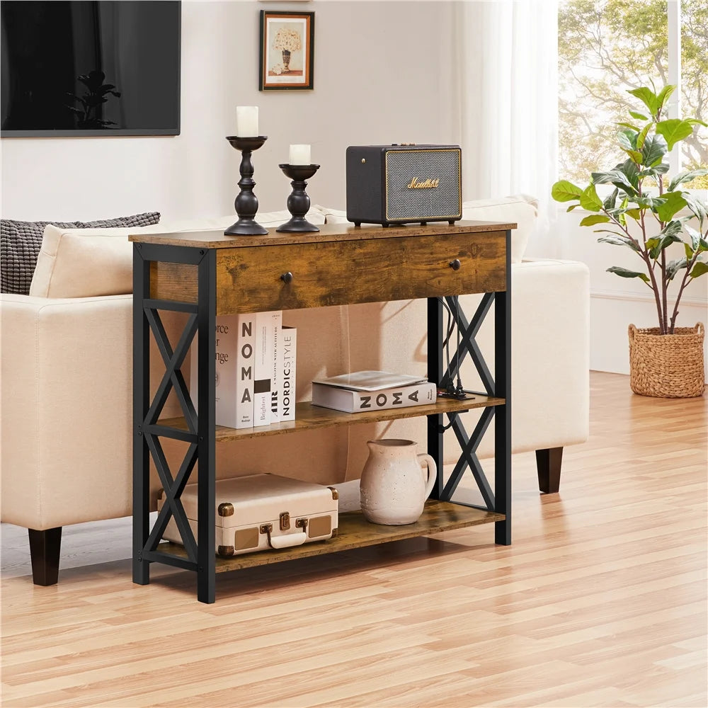 Vintage Wooden Console Table with Power Outlet for Home Living Room, Rustic Brown