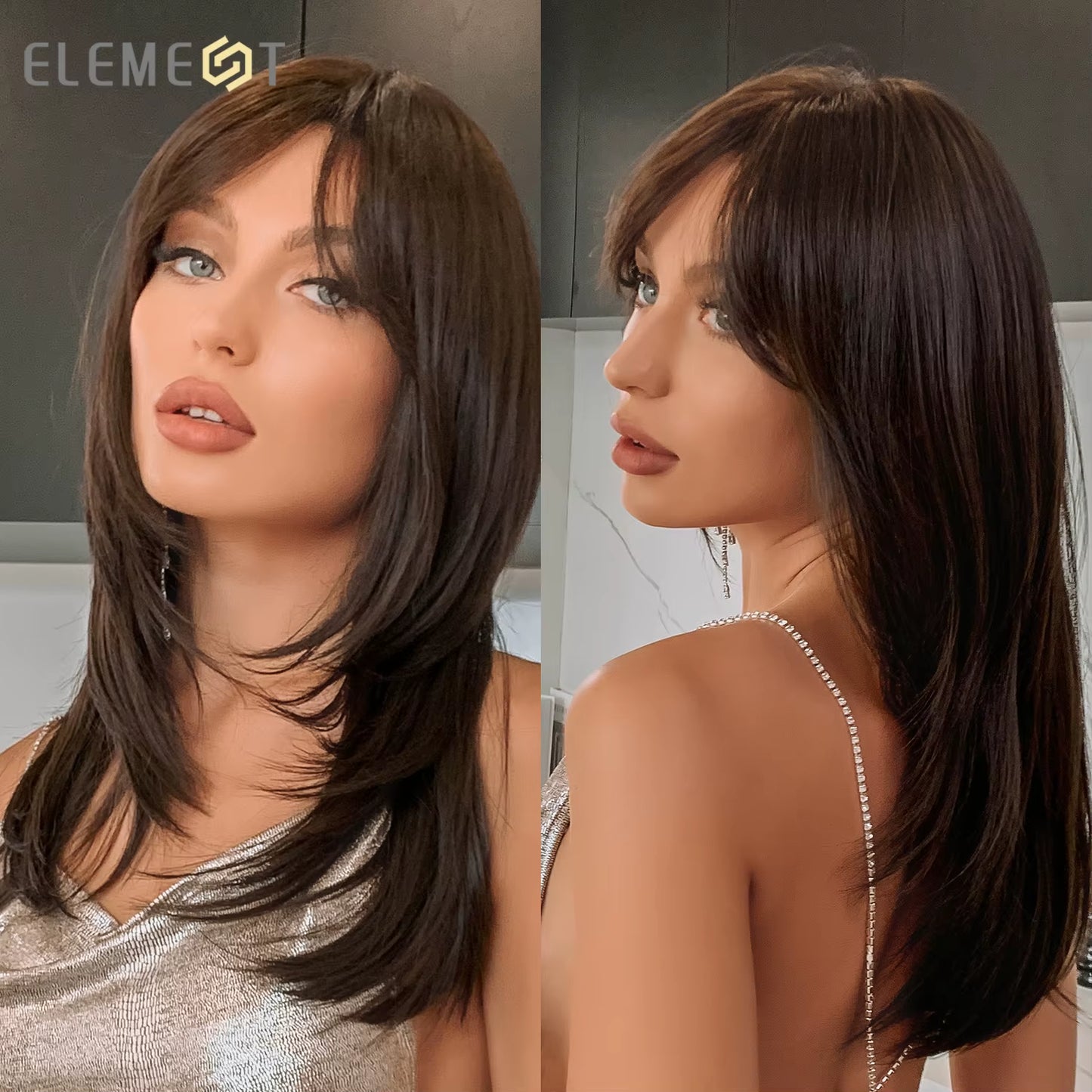 New Synthetic Long Straight Wigs Black Brown Wigs with Side Bangs Heat Resistant Lady Wigs for African American Women Hair