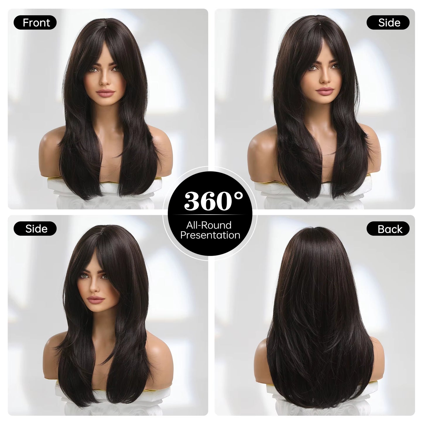 New Synthetic Long Straight Wigs Black Brown Wigs with Side Bangs Heat Resistant Lady Wigs for African American Women Hair