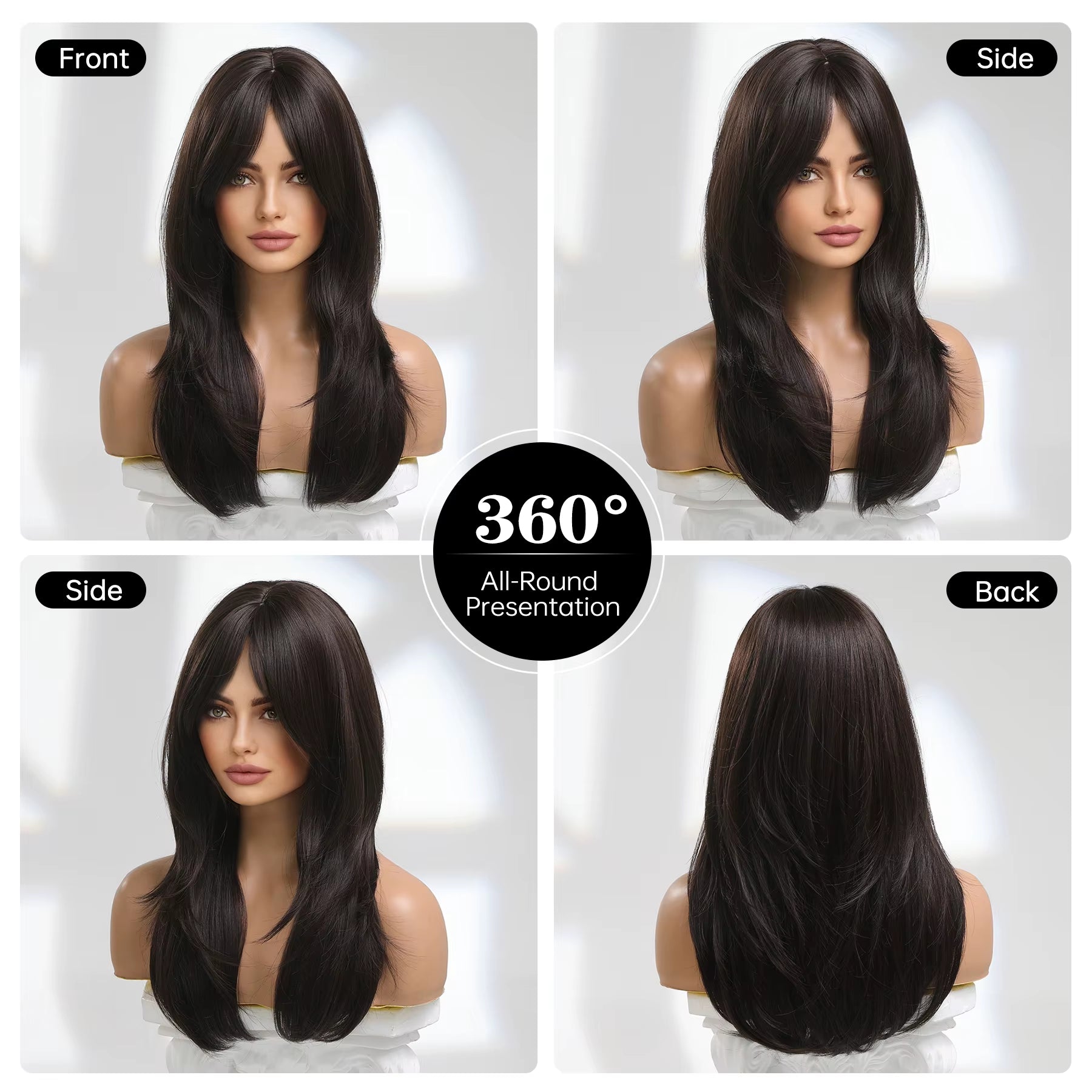 New Synthetic Long Straight Wigs Black Brown Wigs with Side Bangs Heat Resistant Lady Wigs for African American Women Hair