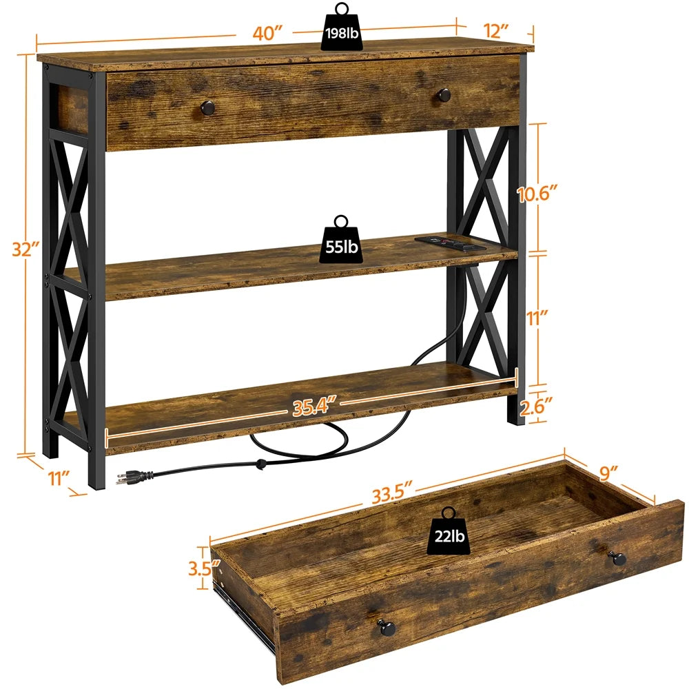 Vintage Wooden Console Table with Power Outlet for Home Living Room, Rustic Brown
