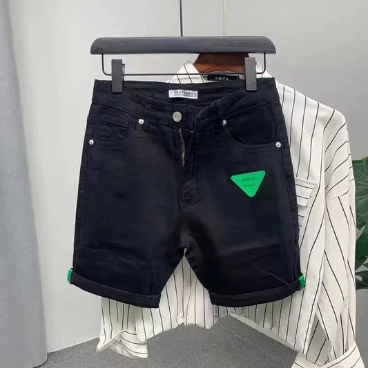 New Arrival Korean Style Clothes Cowboy Luxury Men'S Slim Denim Jeans for Summer Fashion 2023 Black Leather Patch Jeans Shorts
