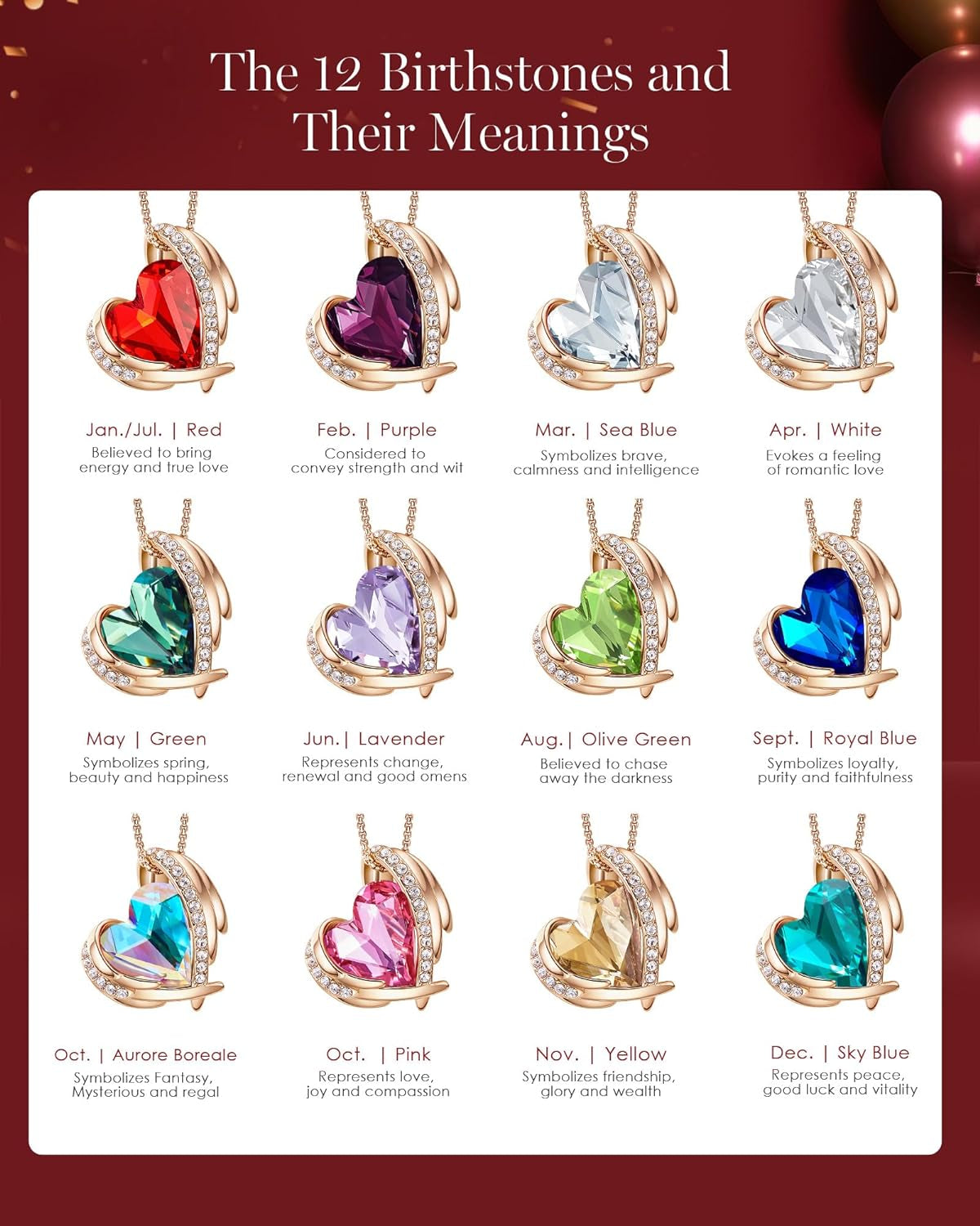 Mothers Day Gifts for Mom，Love Heart Pendant Necklaces for Women, Silver Tone Rose Gold Tone Birthstone Jewelry Gifts for Wife Her