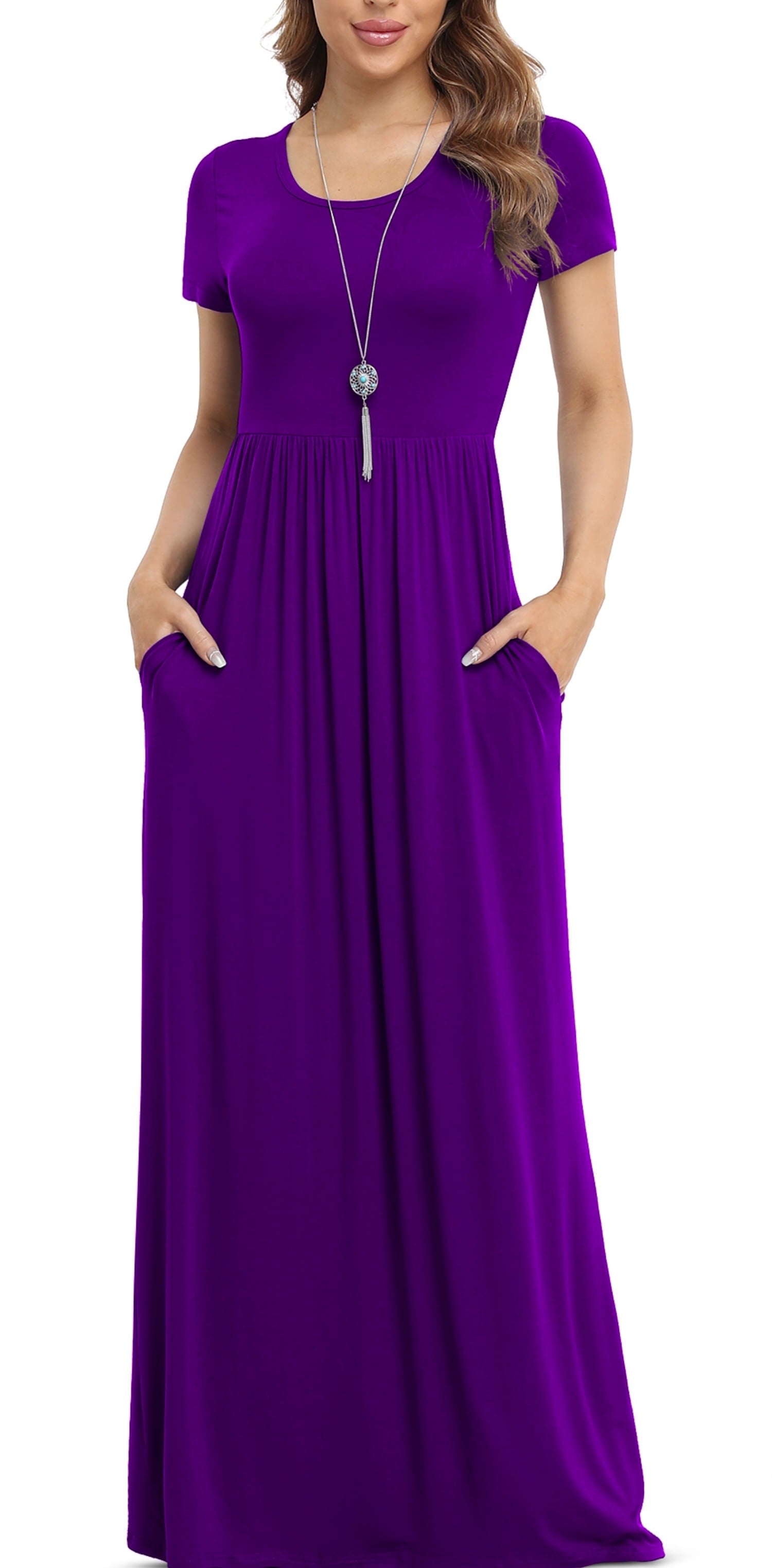 Women'S Short Sleeve Loose Plain Maxi Dresses Casual Long Dresses with Pockets,Us Size,Dark Purple,Xl