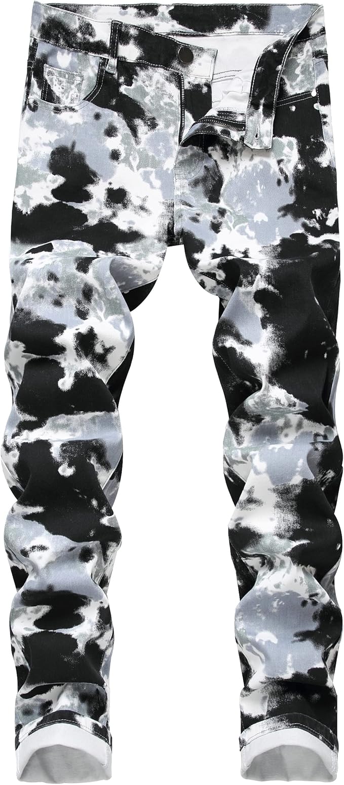 DANT BULUN Men's Fashion Casual Printed Jeans Stretch Skinny Denim Jogger Pants