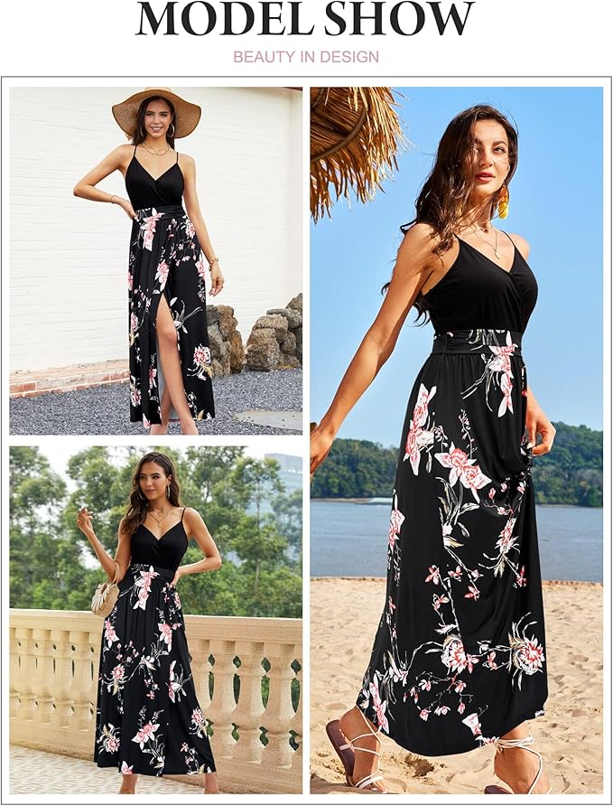 Newshows Women's Summer V Neck Spaghetti Strap Sleeveless Casual Split Long Maxi Dress
