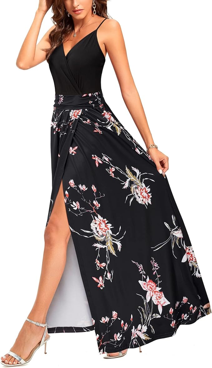 Newshows Women's Summer V Neck Spaghetti Strap Sleeveless Casual Split Long Maxi Dress