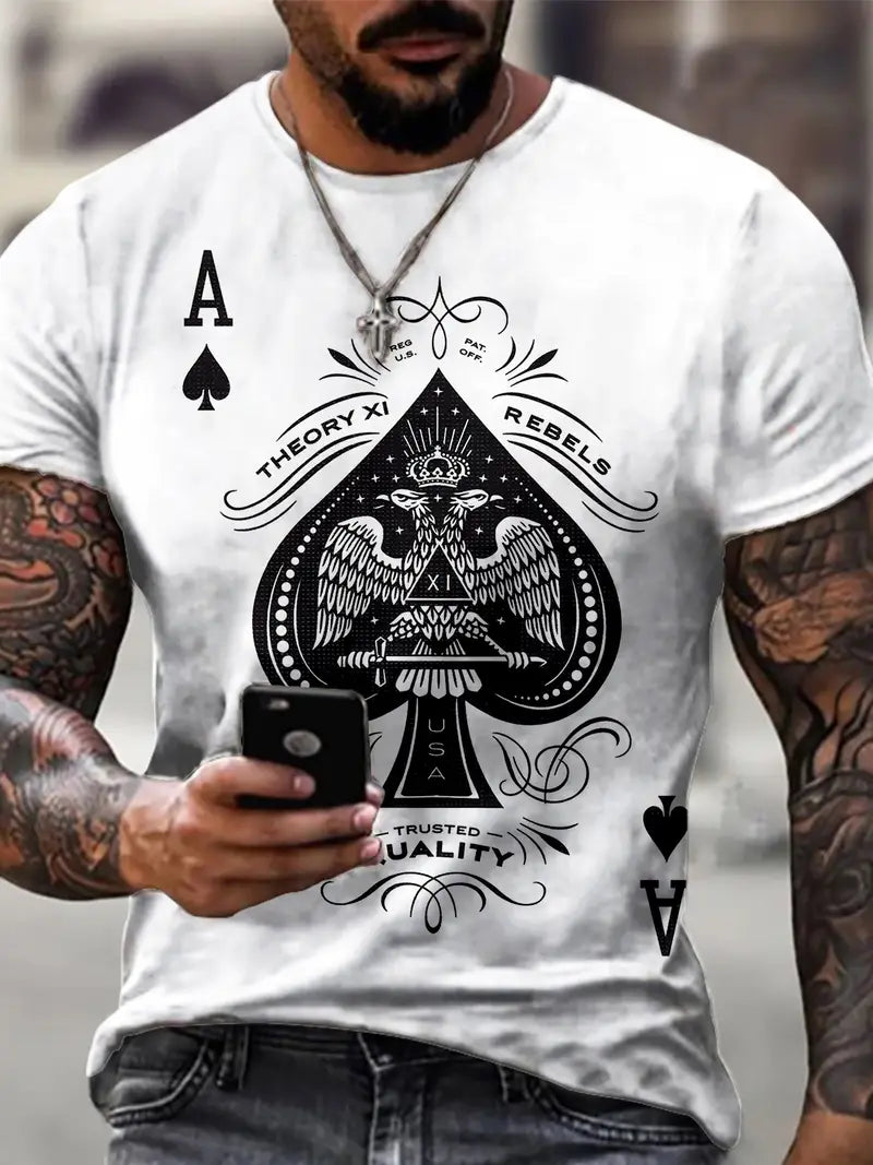 3D Spade Graphic T-Shirt for Men - Black, Loose Fit,, Soft, Breathable, Ideal for Hip Hop Street Style, Summer & AutumnMen's cotton printed short-sleeved T-shirt 180g