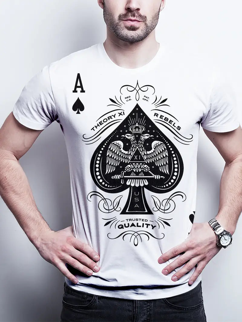 3D Spade Graphic T-Shirt for Men - Black, Loose Fit,, Soft, Breathable, Ideal for Hip Hop Street Style, Summer & AutumnMen's cotton printed short-sleeved T-shirt 180g