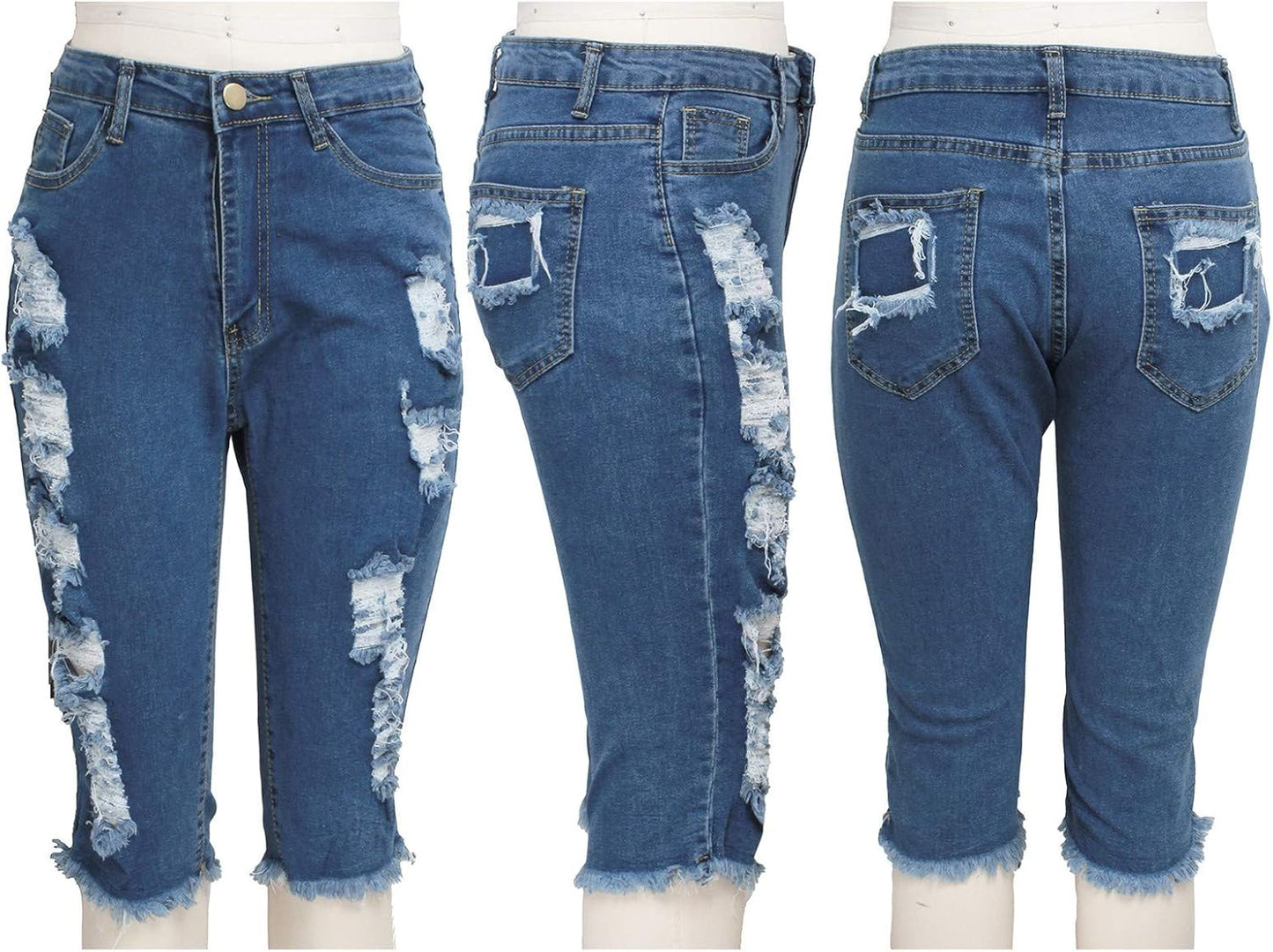 WUAI Bermuda Shorts for Women Knee Length Biker Denim Shorts Distressed Stretchy Curvy Ripped Jeans Shorts plus Size