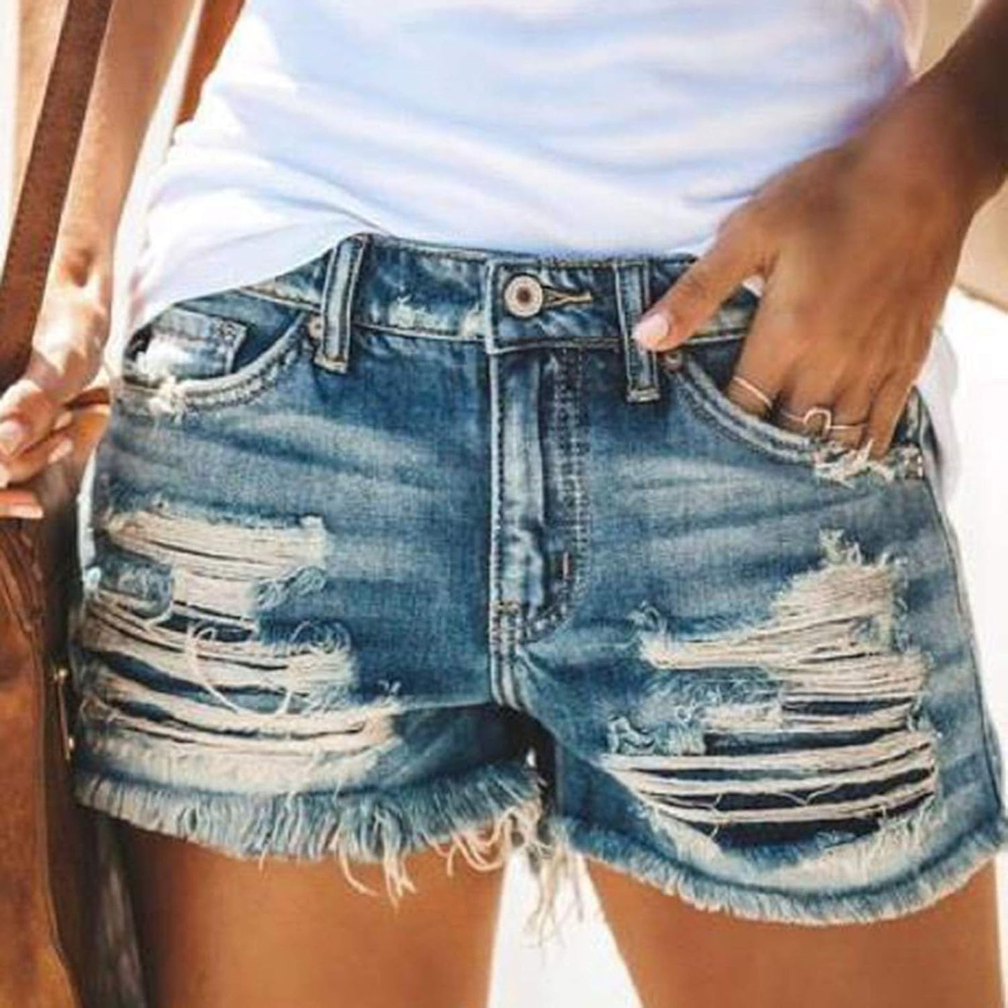WUAI Denim Shorts for Women Distressed Casual Cut off Ripped Jean Shorts Stretchy Frayed Raw Hem Hot Short Jeans