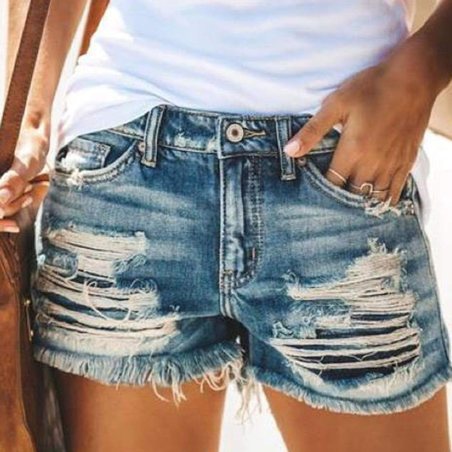 WUAI Denim Shorts for Women Distressed Casual Cut off Ripped Jean Shorts Stretchy Frayed Raw Hem Hot Short Jeans