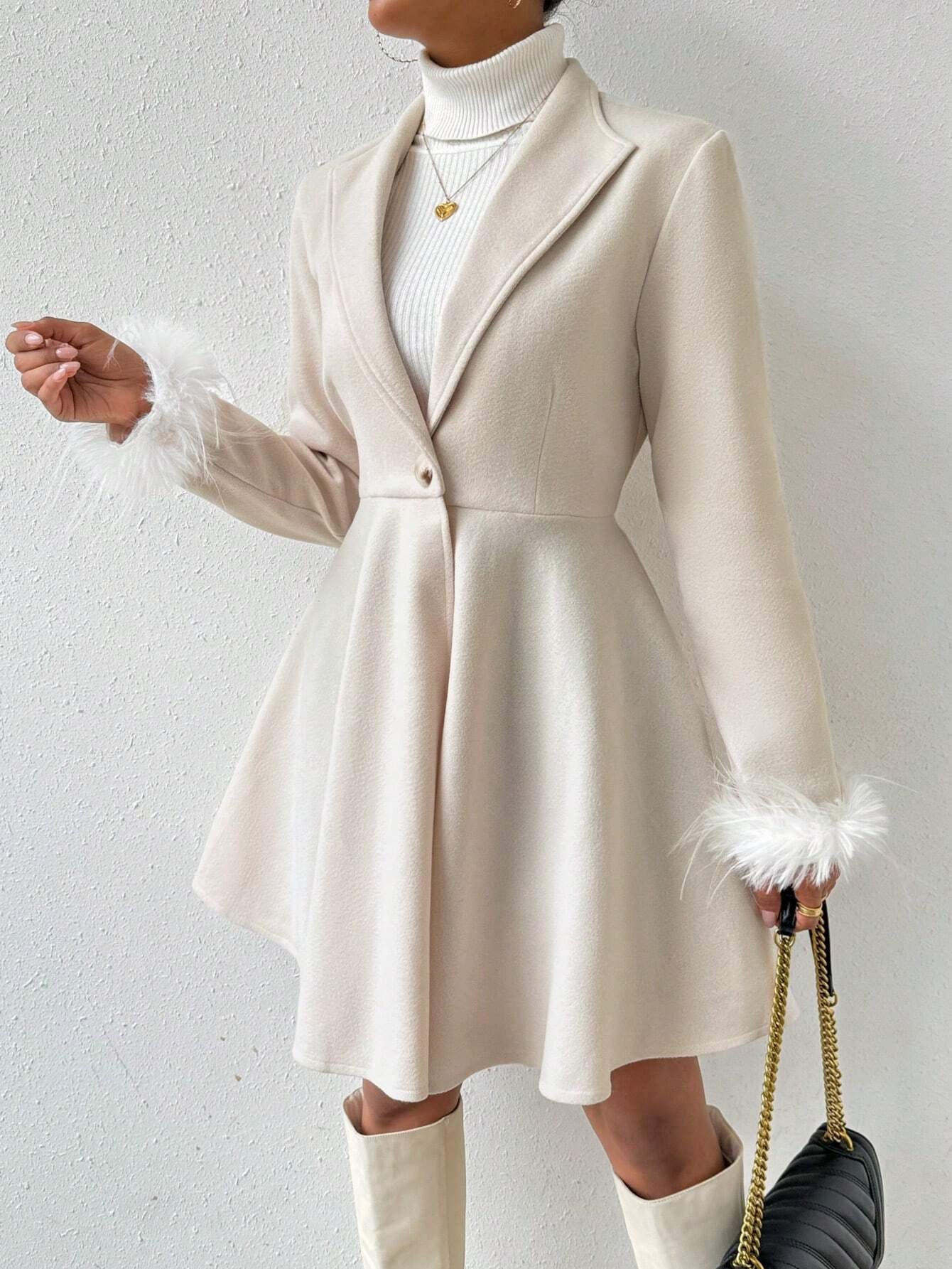 Rosydaze Solid Color Overcoat with Fringed Cuff and Single Button Closure