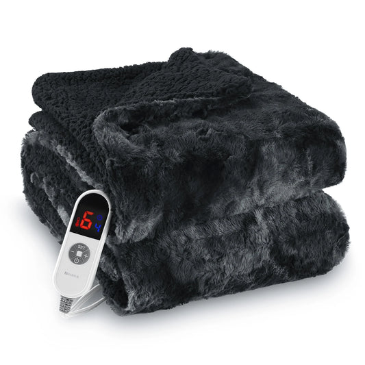 Electric Throw Blanket 50" X 60", Soft Faux Fur Heated Blanket with Large LED Display, 6 Heating Levels, 4 Hours Timer, Tie-Dye Black