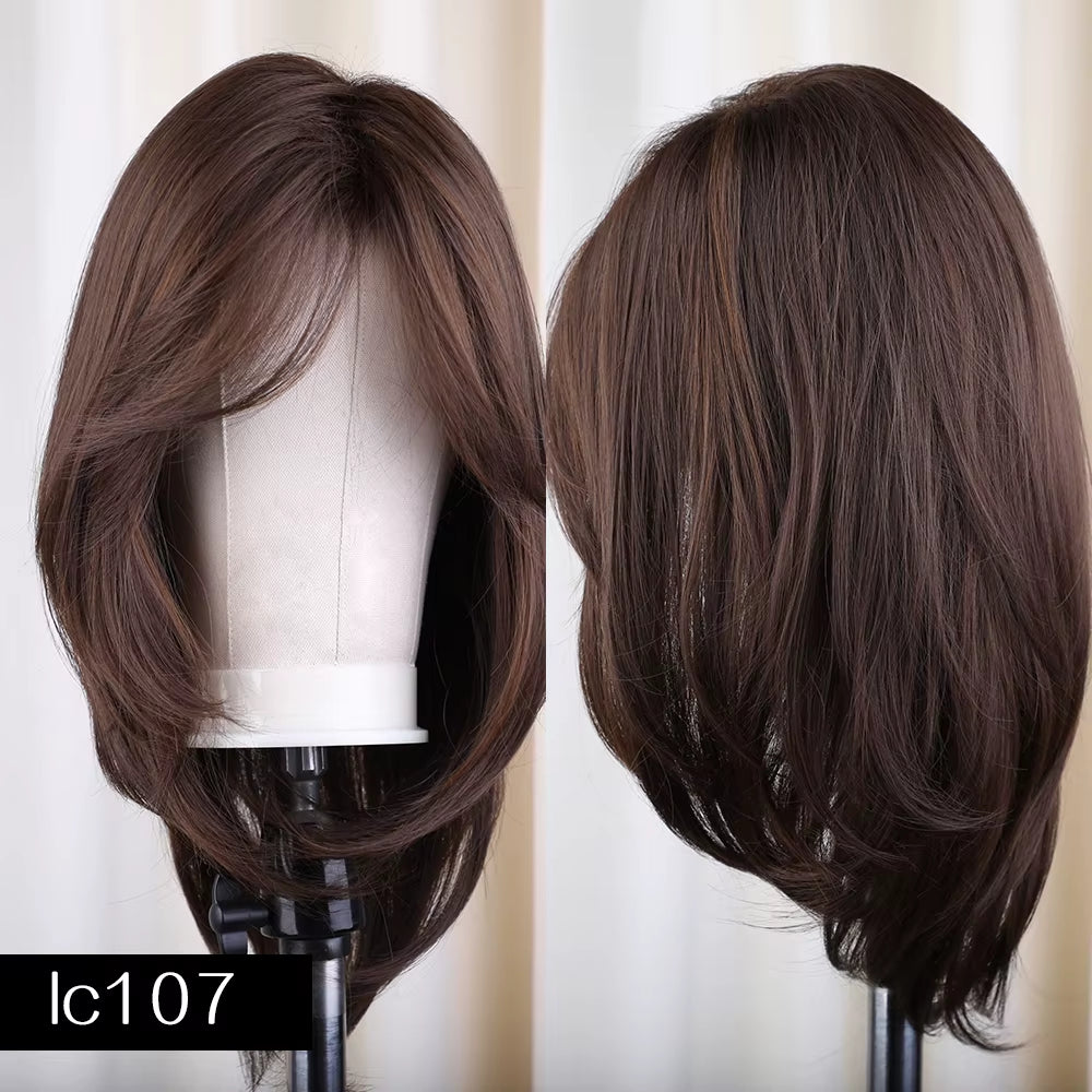 New Synthetic Long Straight Wigs Black Brown Wigs with Side Bangs Heat Resistant Lady Wigs for African American Women Hair