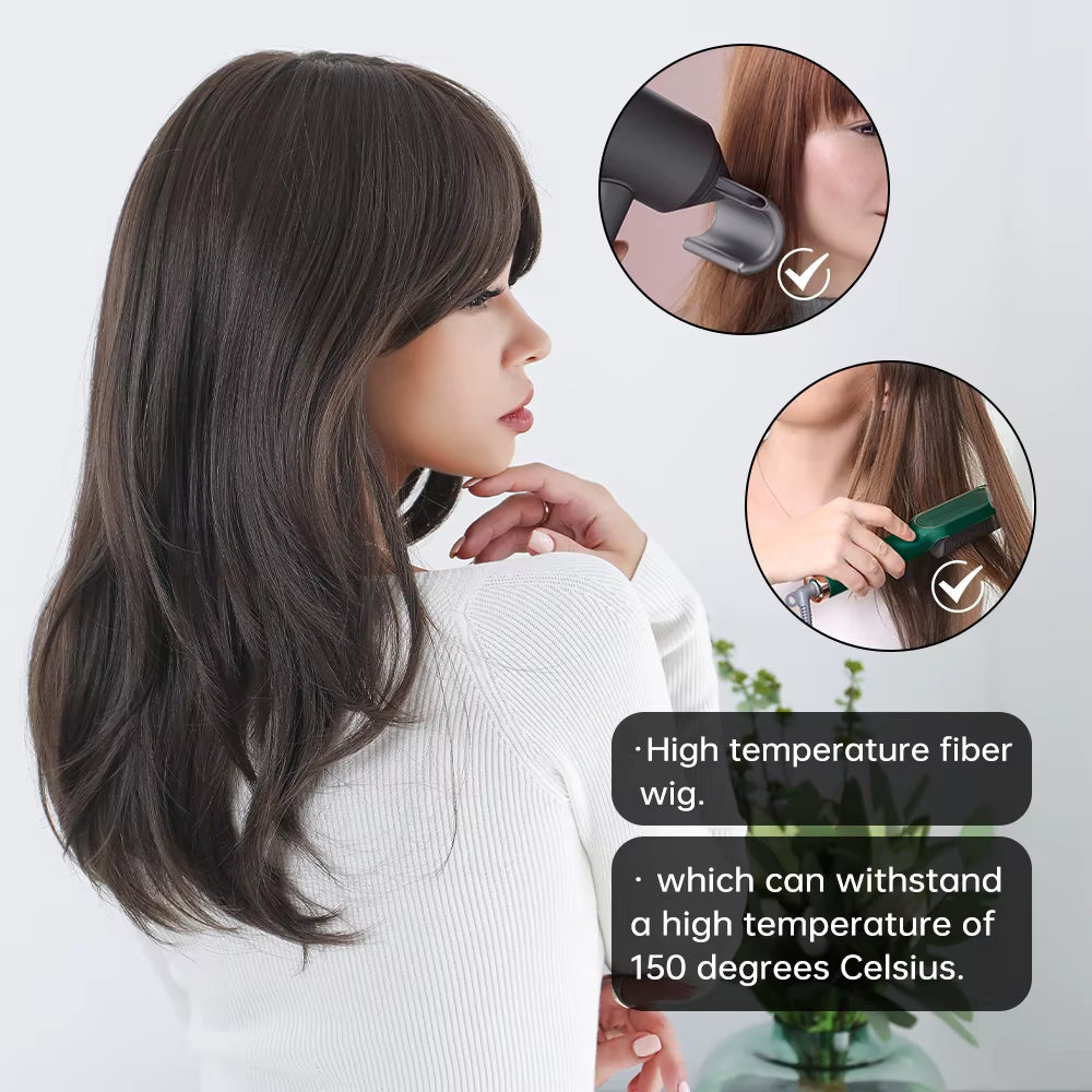 New Synthetic Long Straight Wigs Black Brown Wigs with Side Bangs Heat Resistant Lady Wigs for African American Women Hair