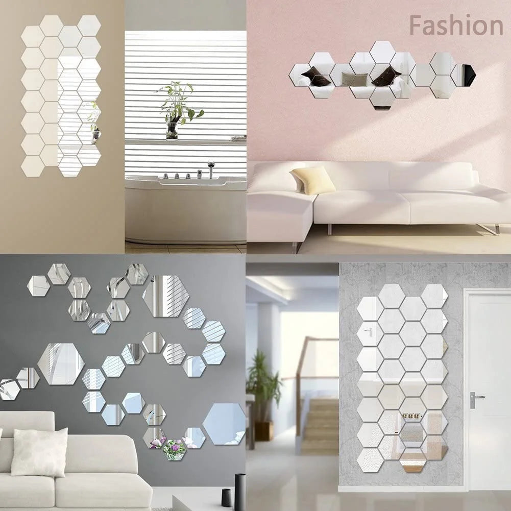 12 Pieces Removable Acrylic Hexagon Mirror Wall Stickers Decals for Home Living Room Bedroom Decor Art DIY Home Decoration