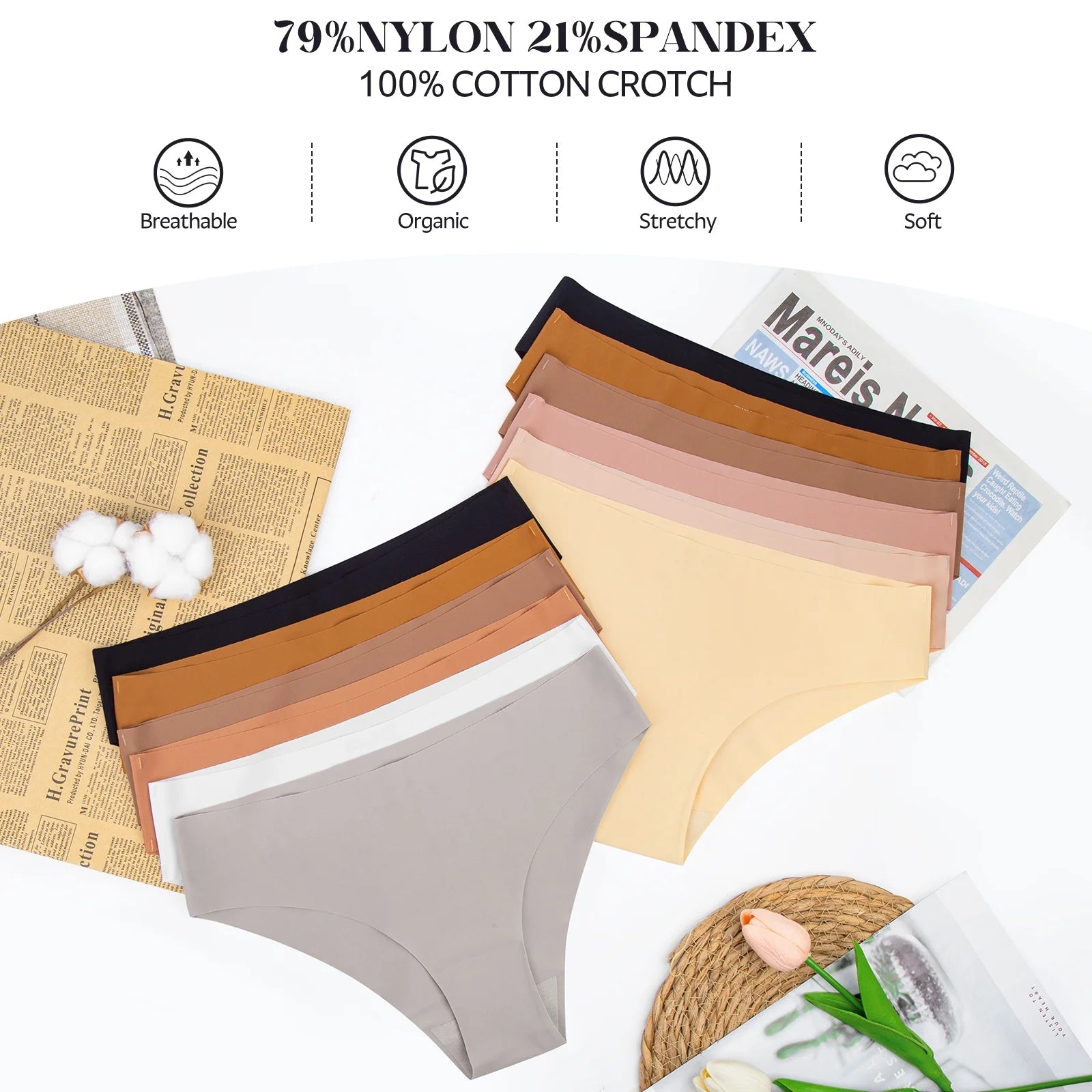 12 Pack Seamless Underwear for Women No Show Bikini Panties Stretch Silky Invisible Hipster