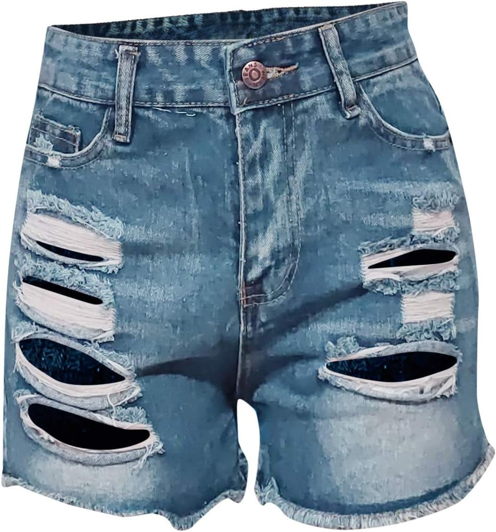 WUAI Denim Shorts for Women Distressed Casual Cut off Ripped Jean Shorts Stretchy Frayed Raw Hem Hot Short Jeans