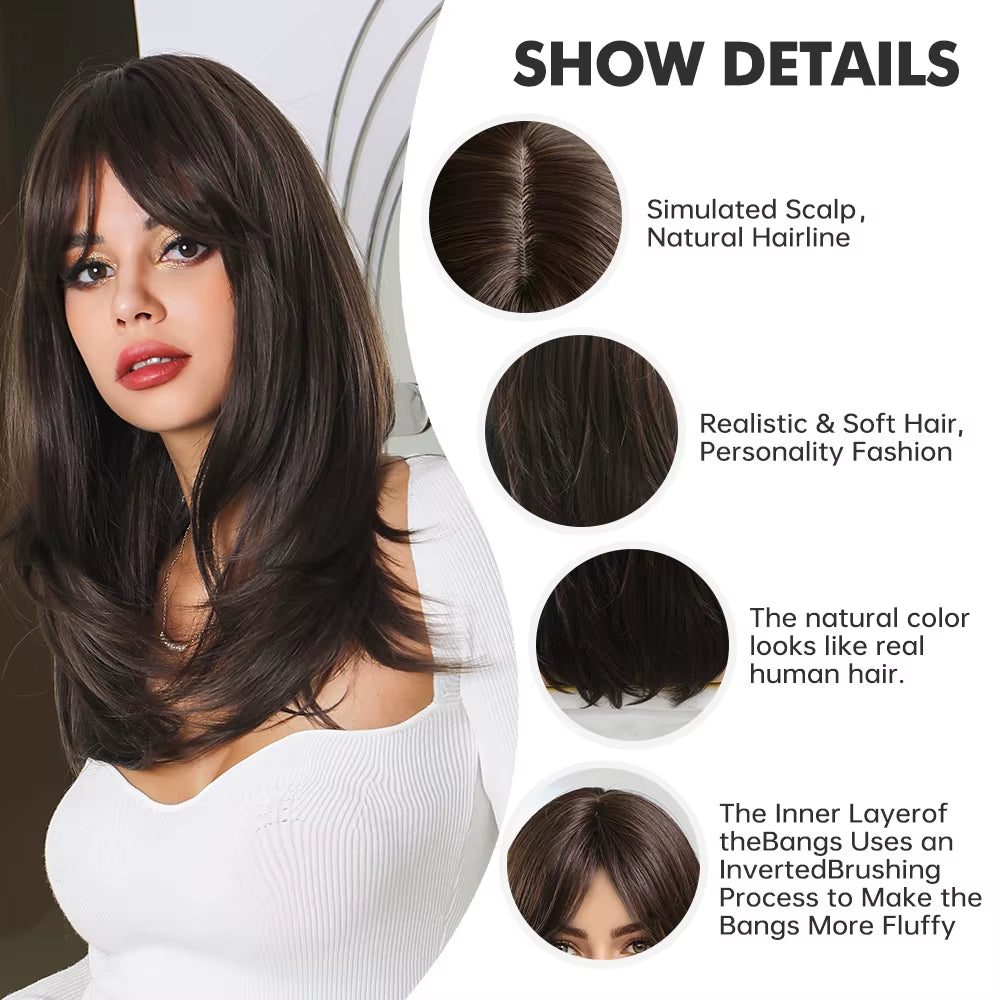 New Synthetic Long Straight Wigs Black Brown Wigs with Side Bangs Heat Resistant Lady Wigs for African American Women Hair