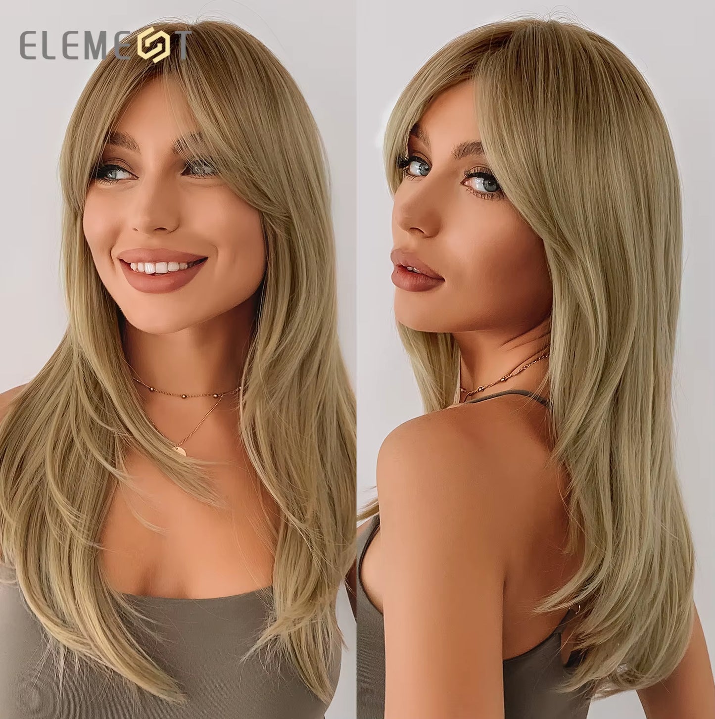 New Synthetic Long Straight Wigs Black Brown Wigs with Side Bangs Heat Resistant Lady Wigs for African American Women Hair